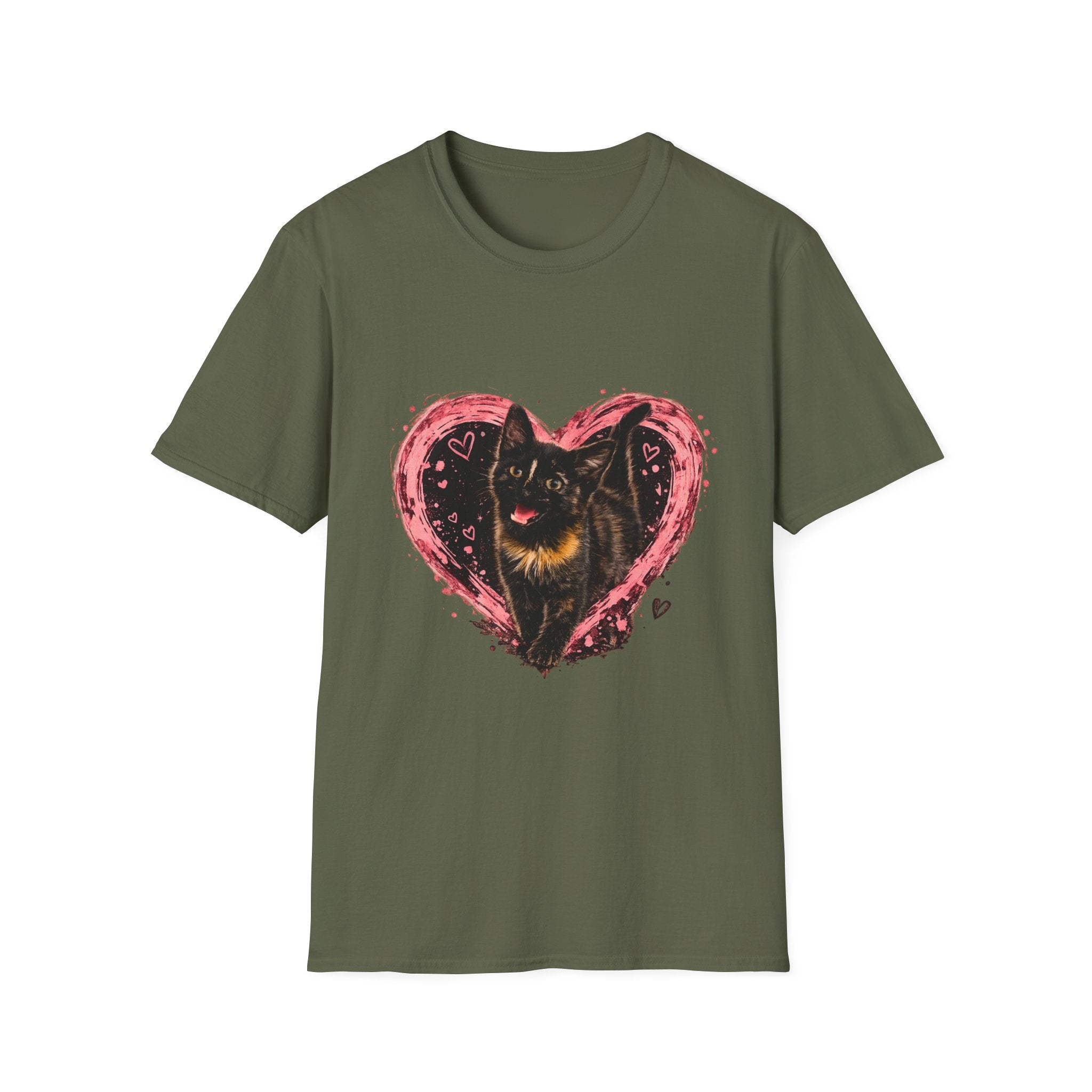 Black Cat in Pink Heart T-Shirt | Cute Cat Portrait Tee