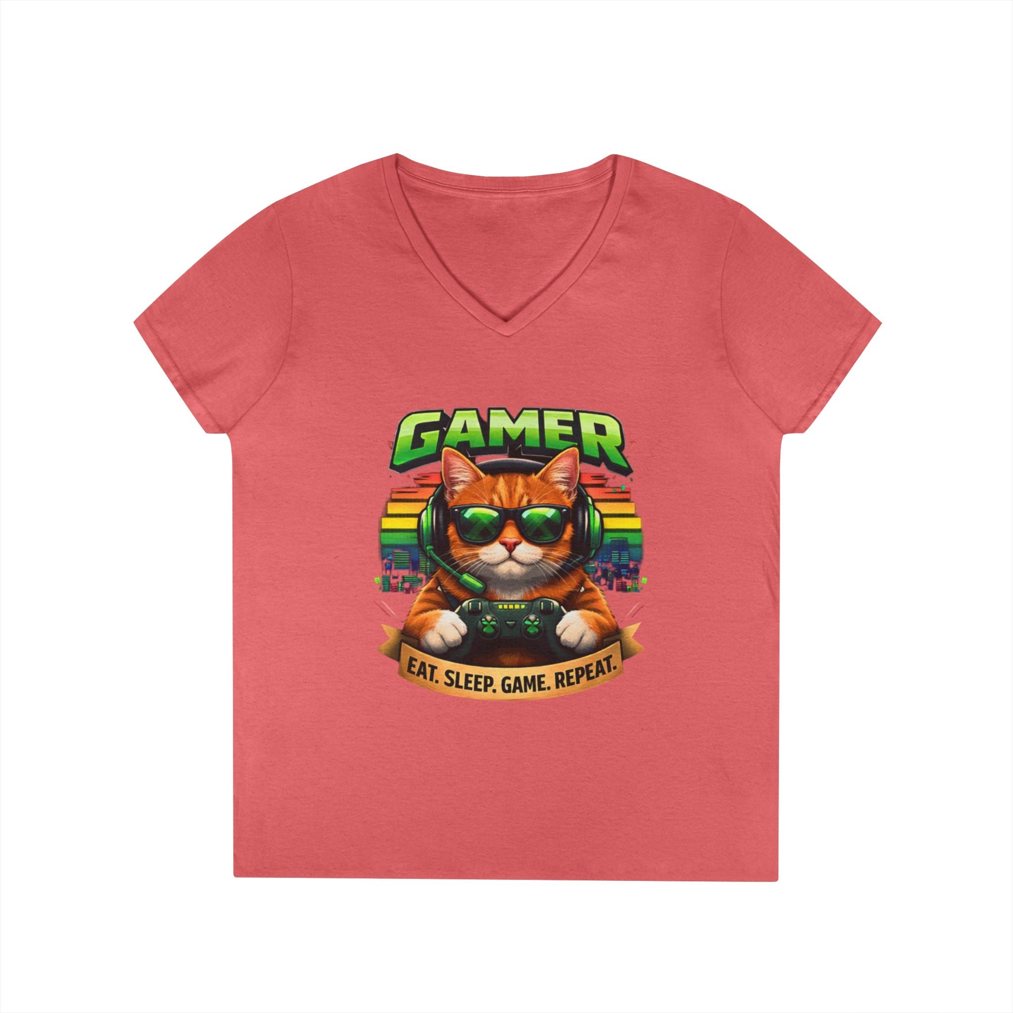 Gamer Cat Graphic Tee Ladies V-Neck T-Shirt | Retro Controller, Eat Sleep Game Repeat