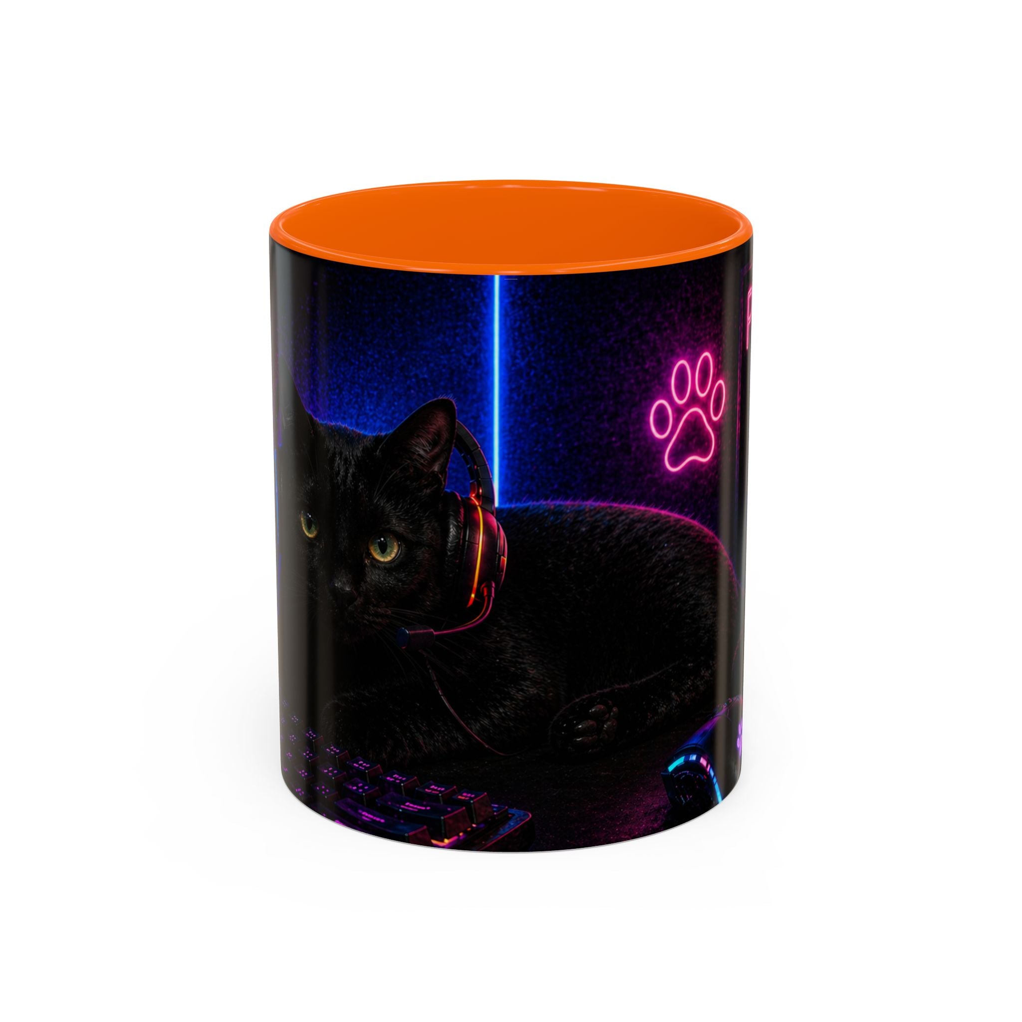 PAWS Pause Snack Game Repeat Cat Coffee Mug | Neon Gaming Cat Mug
