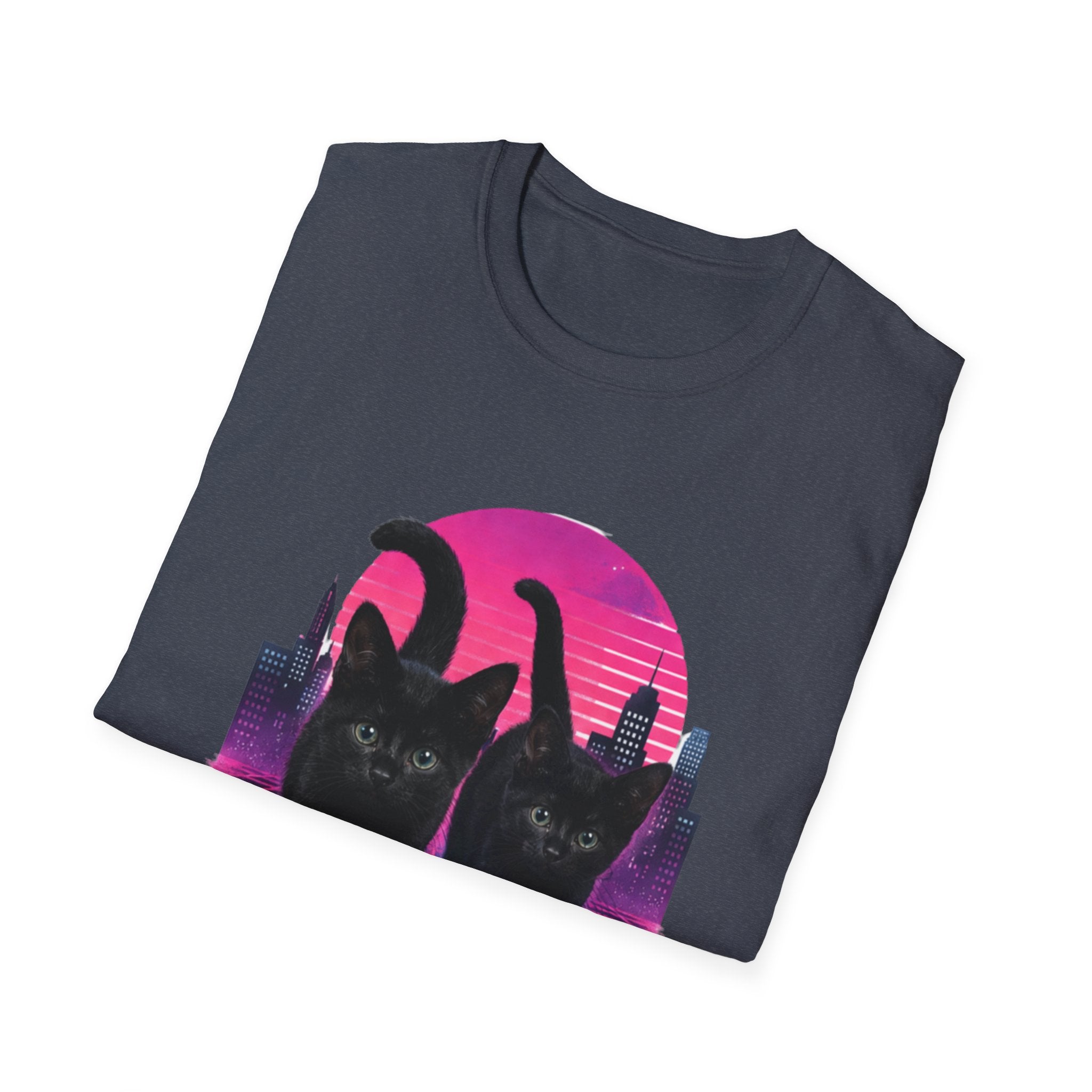 Retro Vaporwave Black Cats T-Shirt | Neon Sunset City