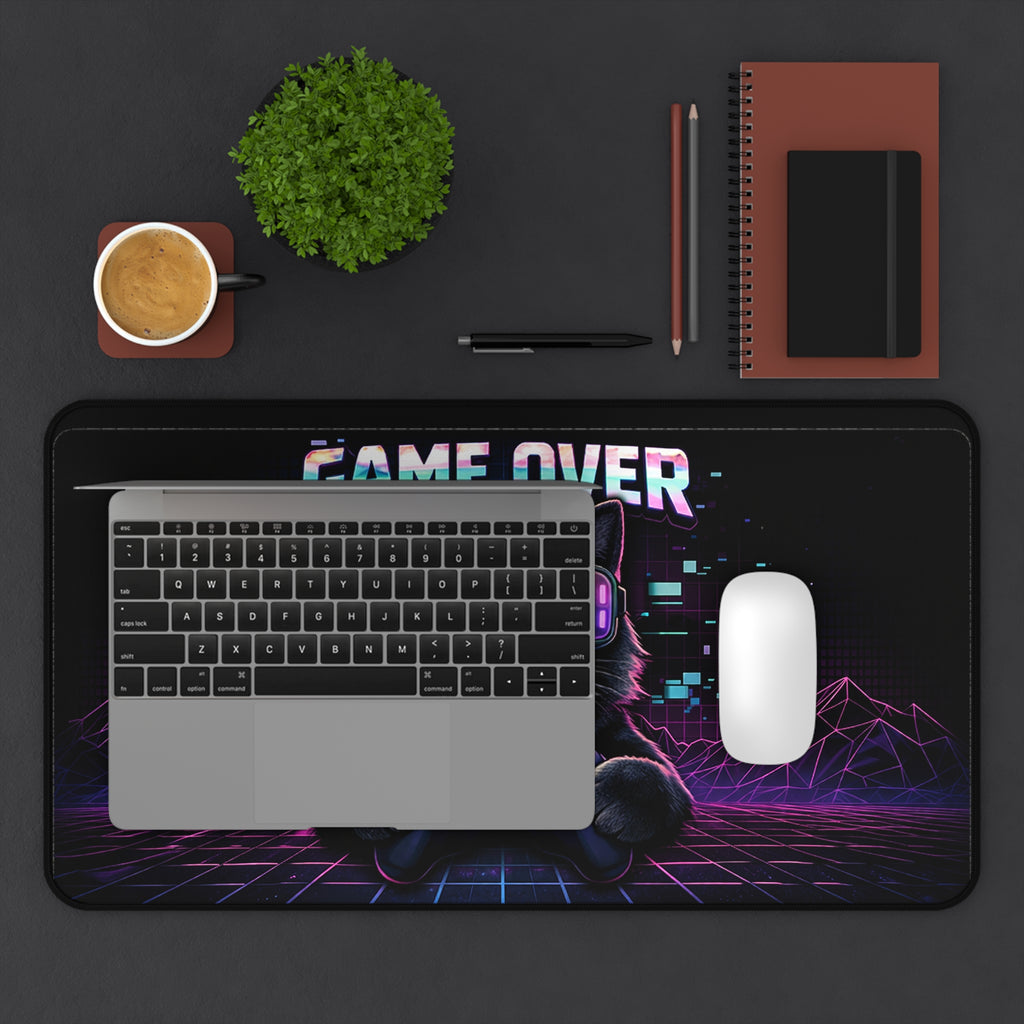 Game Over Retro Cyberpunk Cat Desk Mat | Gaming Mouse Pad