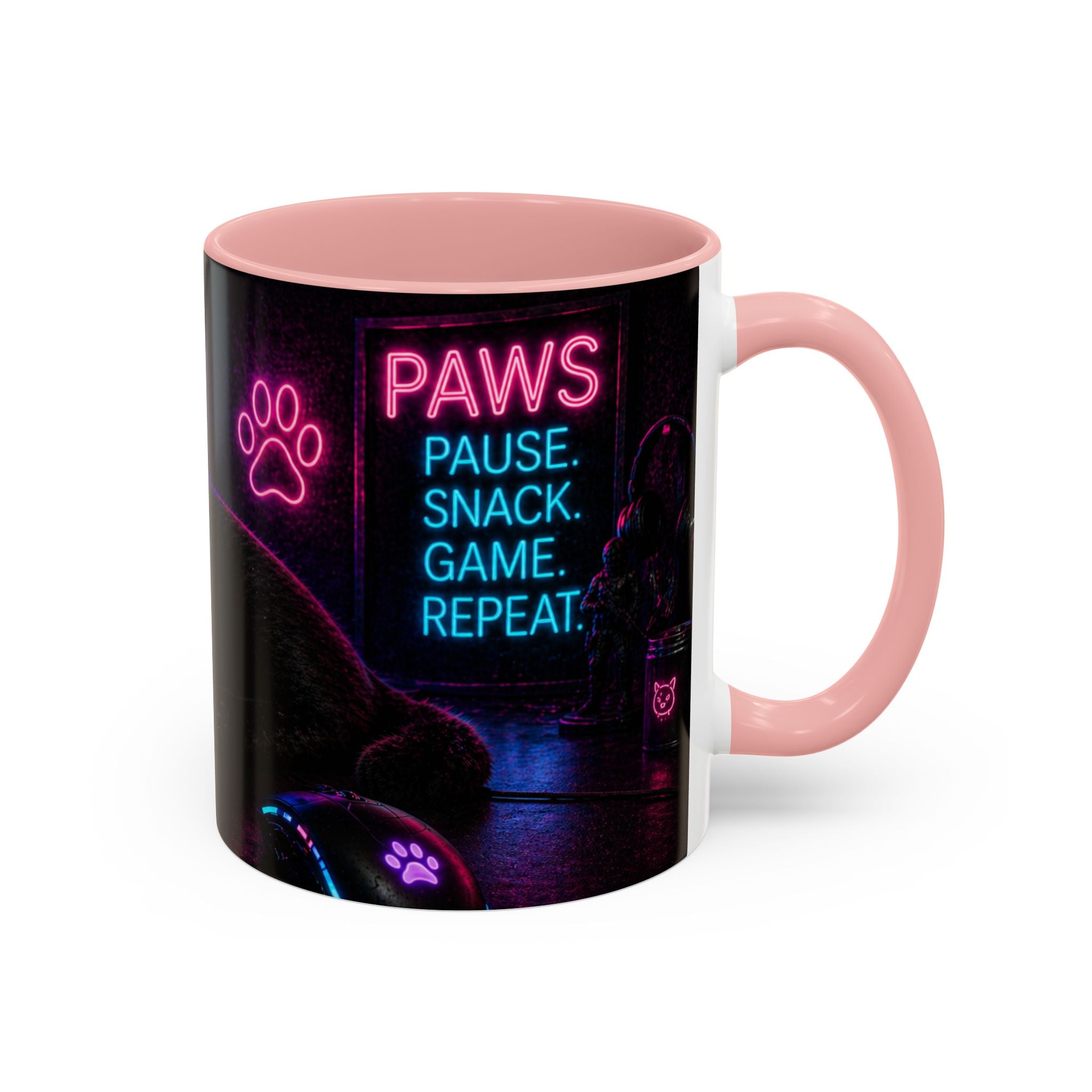 PAWS Pause Snack Game Repeat Cat Coffee Mug | Neon Gaming Cat Mug