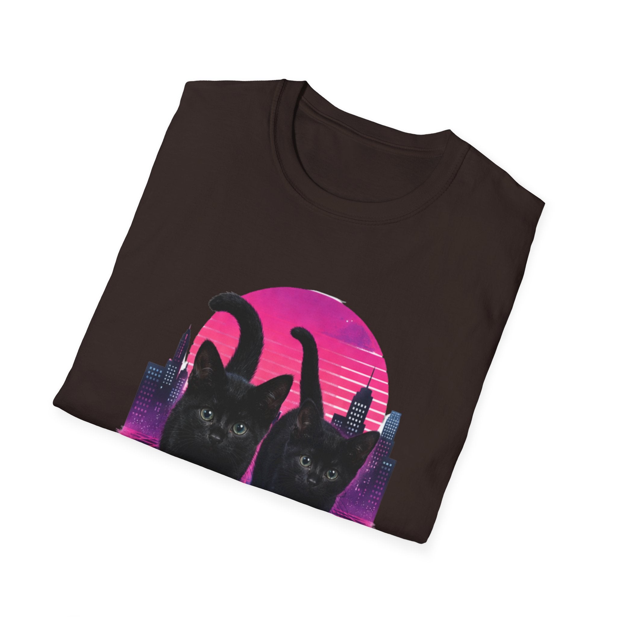 Retro Vaporwave Black Cats T-Shirt | Neon Sunset City