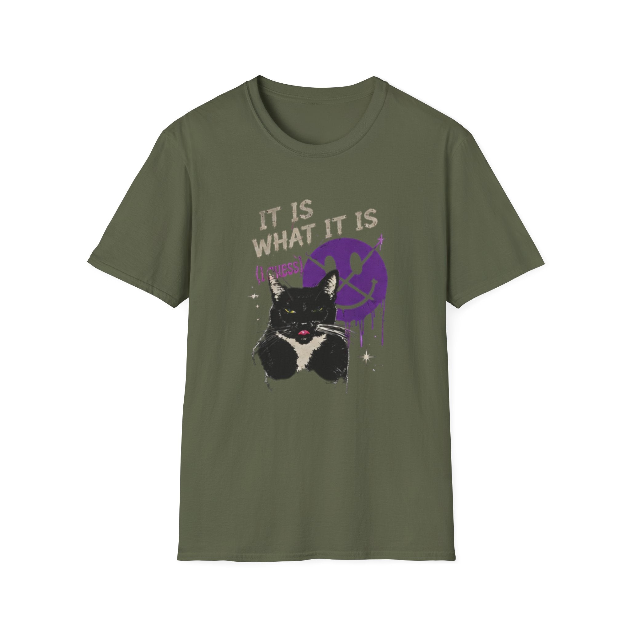 Grinning Black Cat with Purple Drip Smiley T-Shirt | It Is What It Is