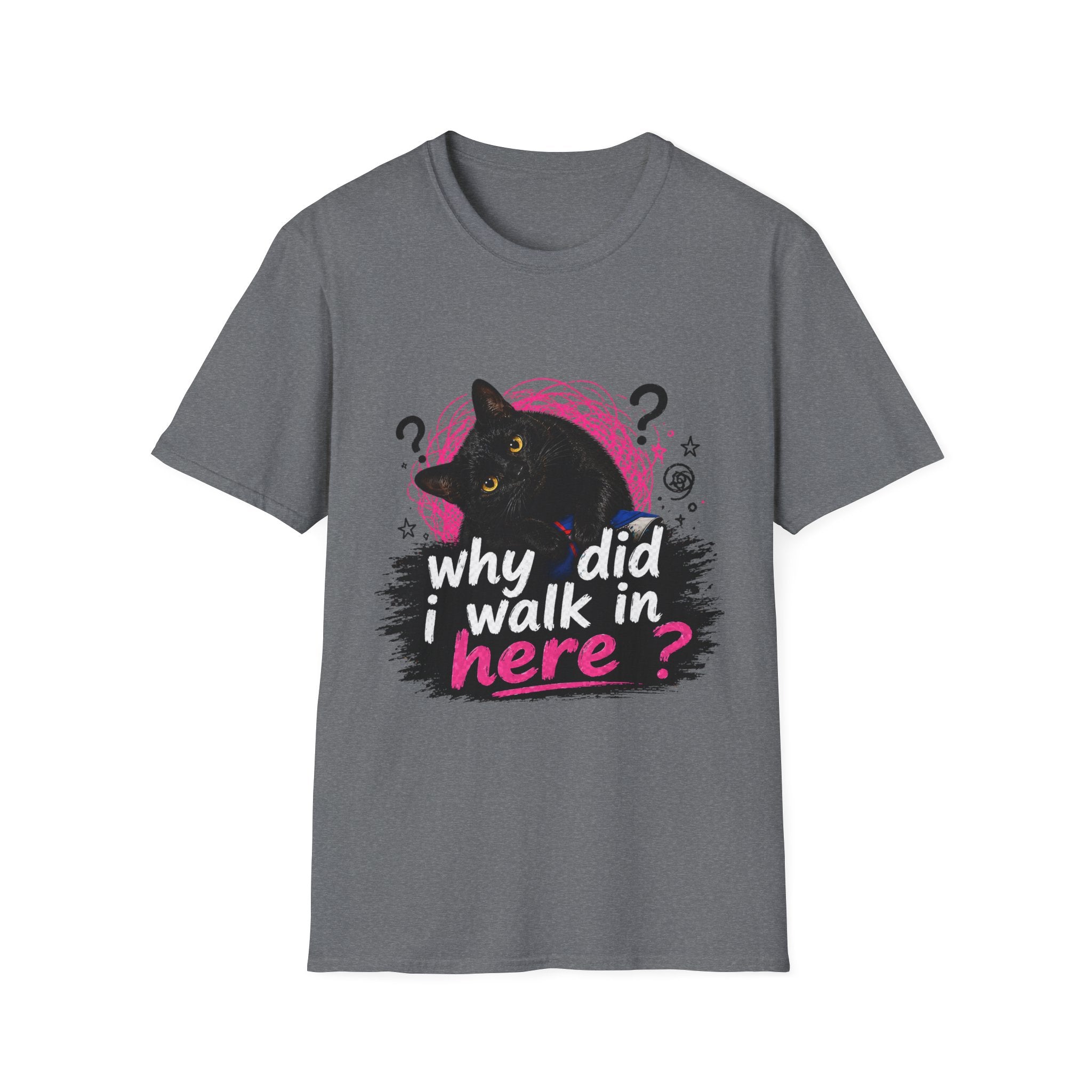Confused Black Cat why did I walk in here? T-Shirt | Cat Humor Tee