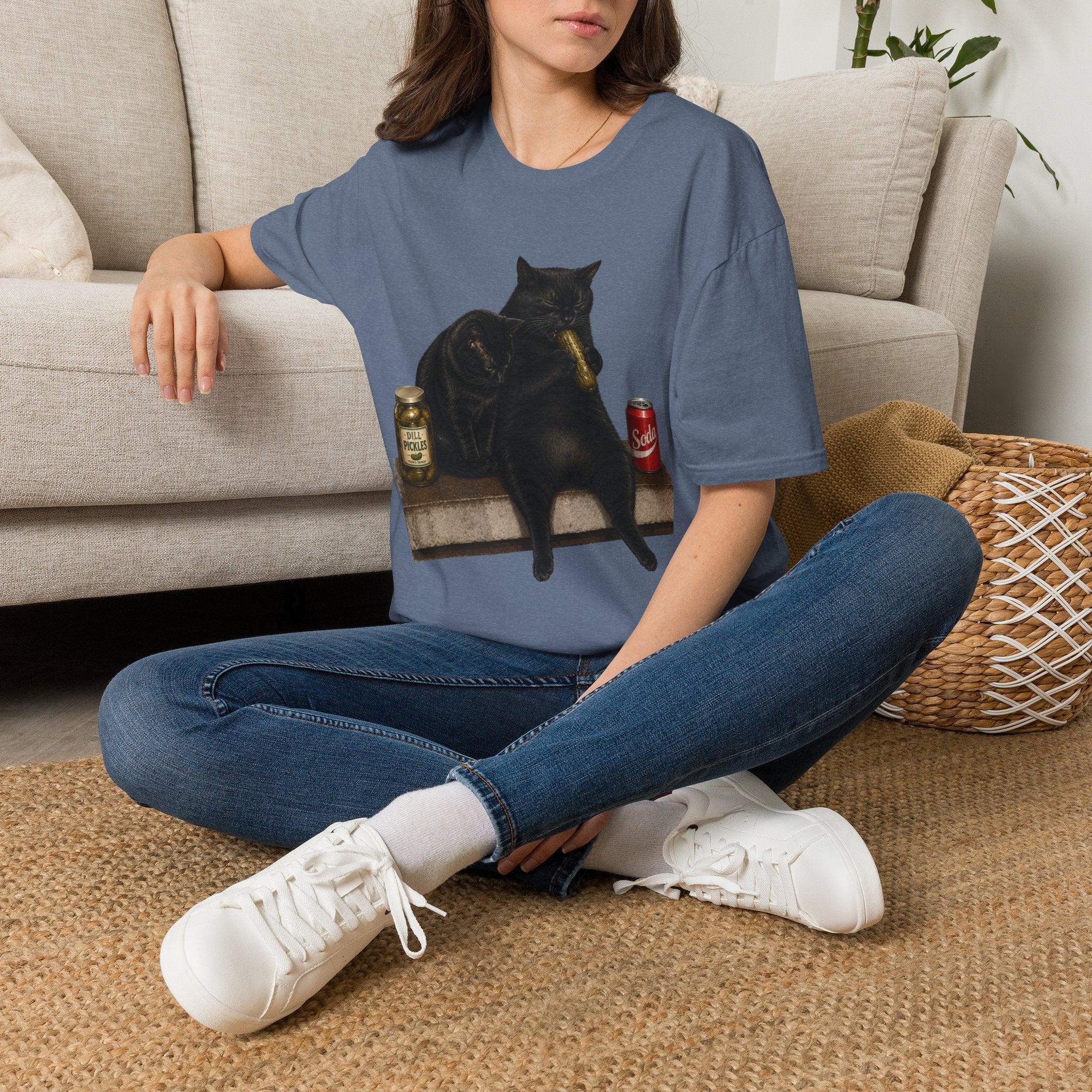 Black Cat Sitting with Drinks T-Shirt | Funny Cat Illustration