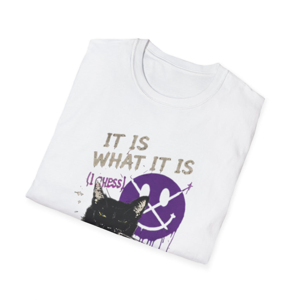 Grinning Black Cat with Purple Drip Smiley T-Shirt | It Is What It Is