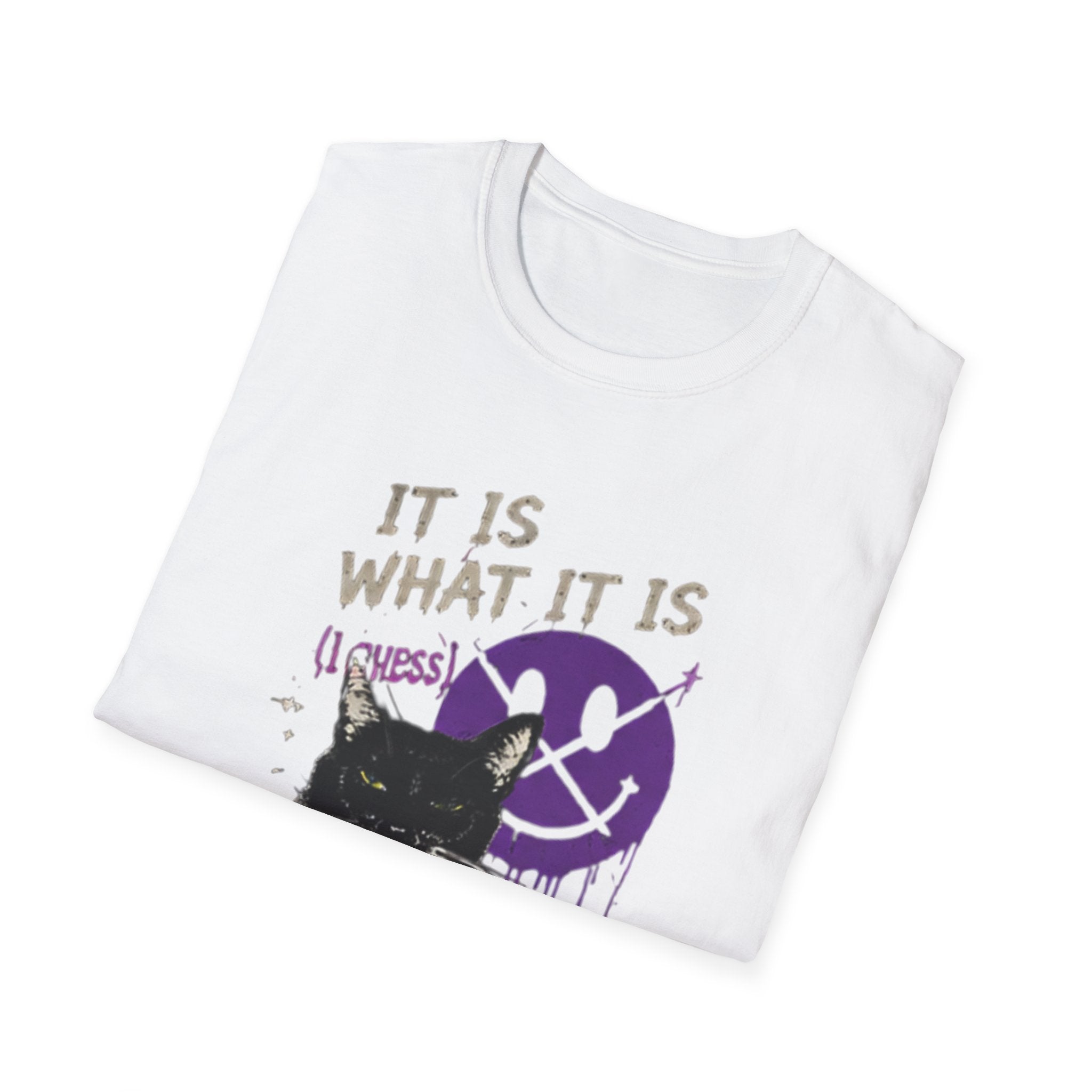 Grinning Black Cat with Purple Drip Smiley T-Shirt | It Is What It Is