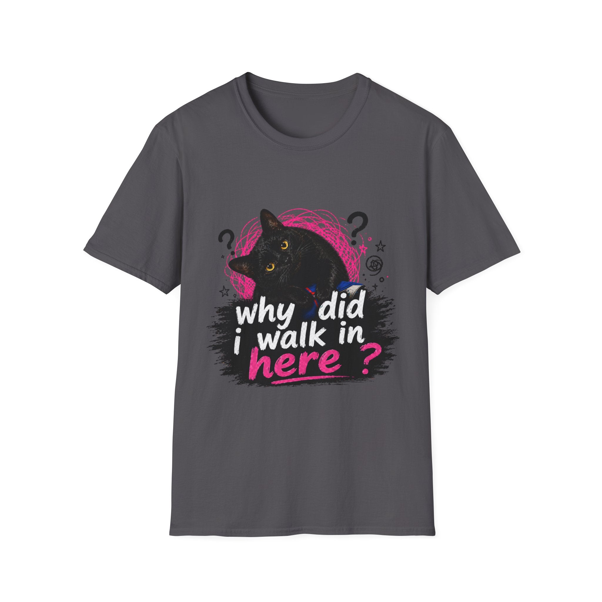 Confused Black Cat why did I walk in here? T-Shirt | Cat Humor Tee