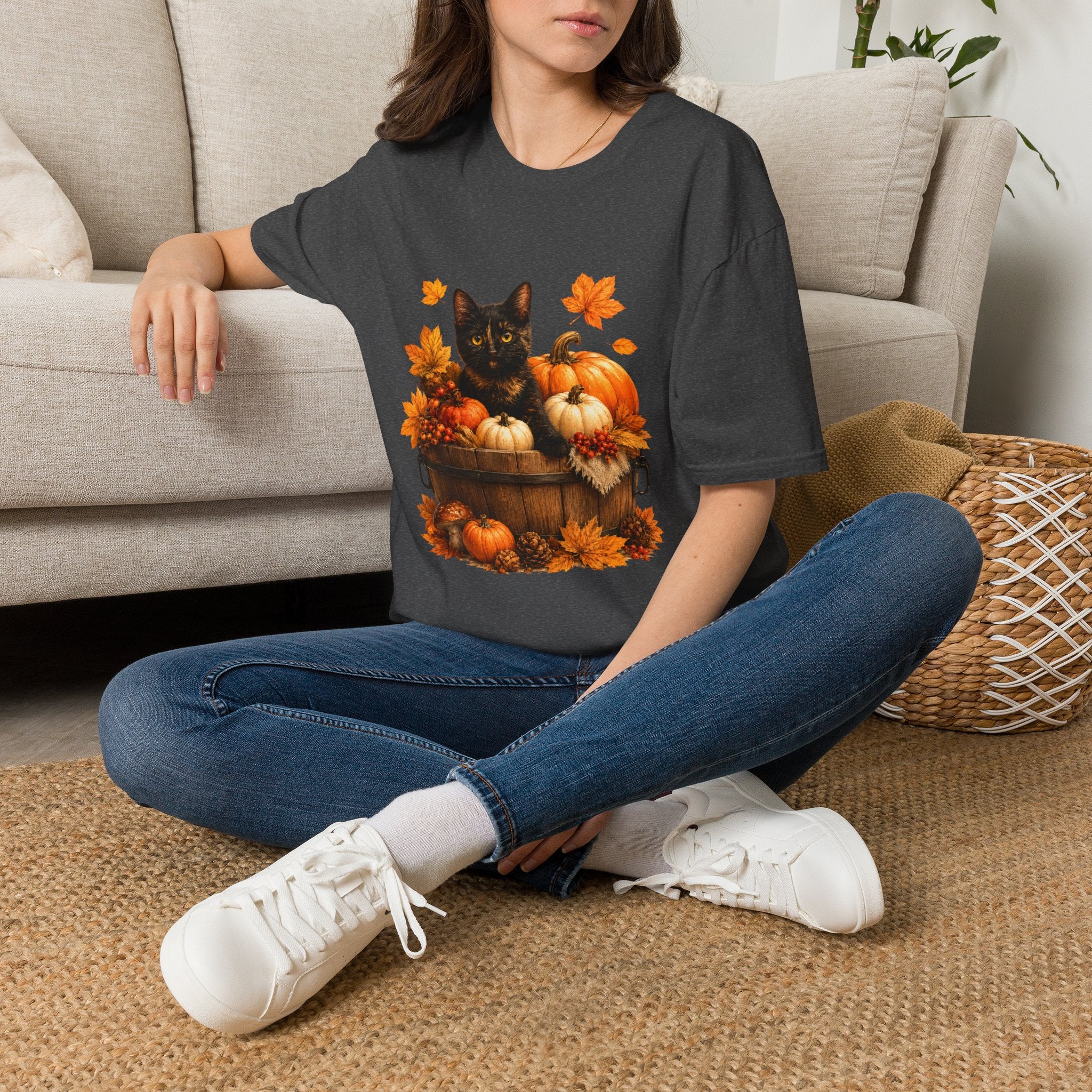 Black Kitten with Pumpkins T-Shirt | Autumn Fall Cat Pumpkin Shirt