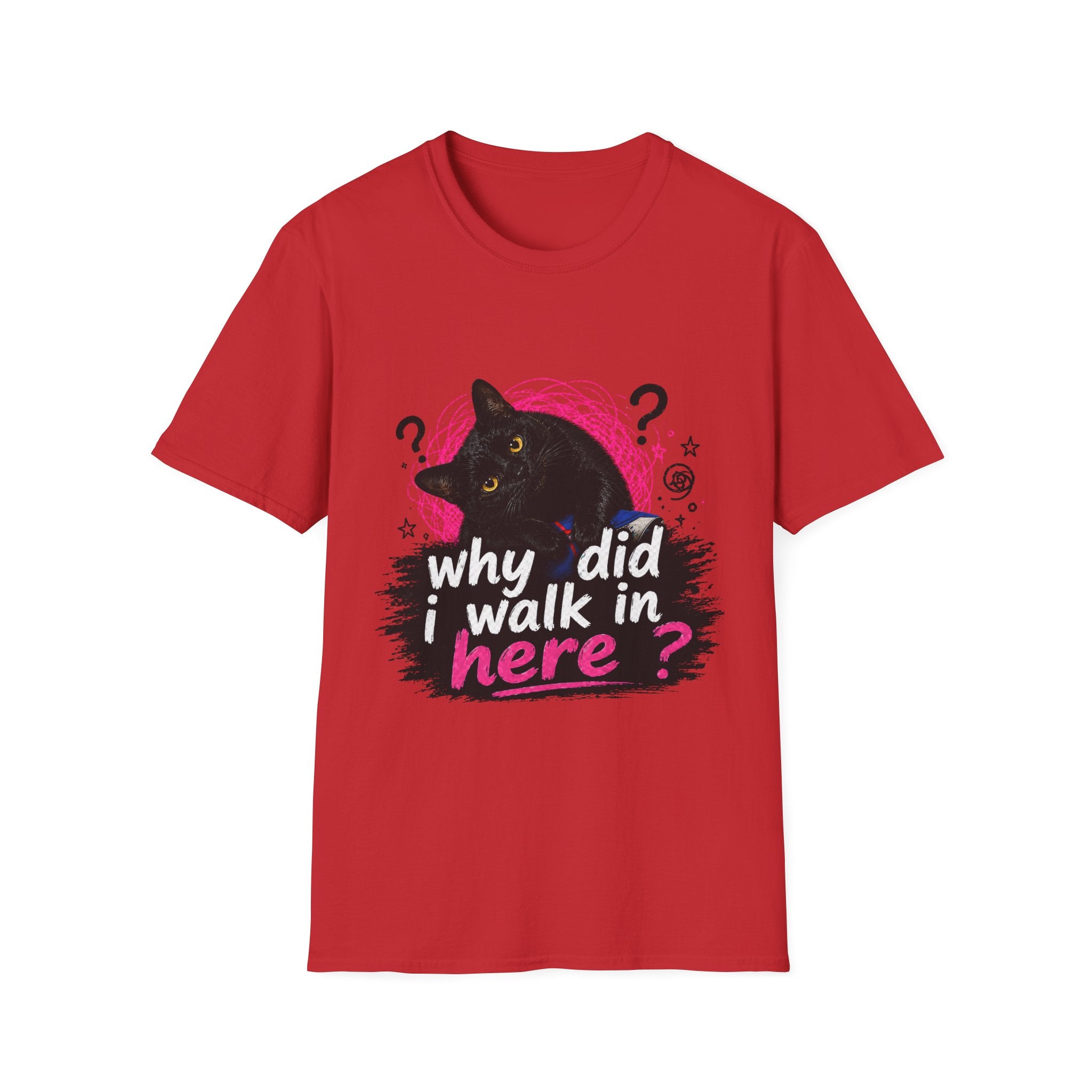Confused Black Cat why did I walk in here? T-Shirt | Cat Humor Tee