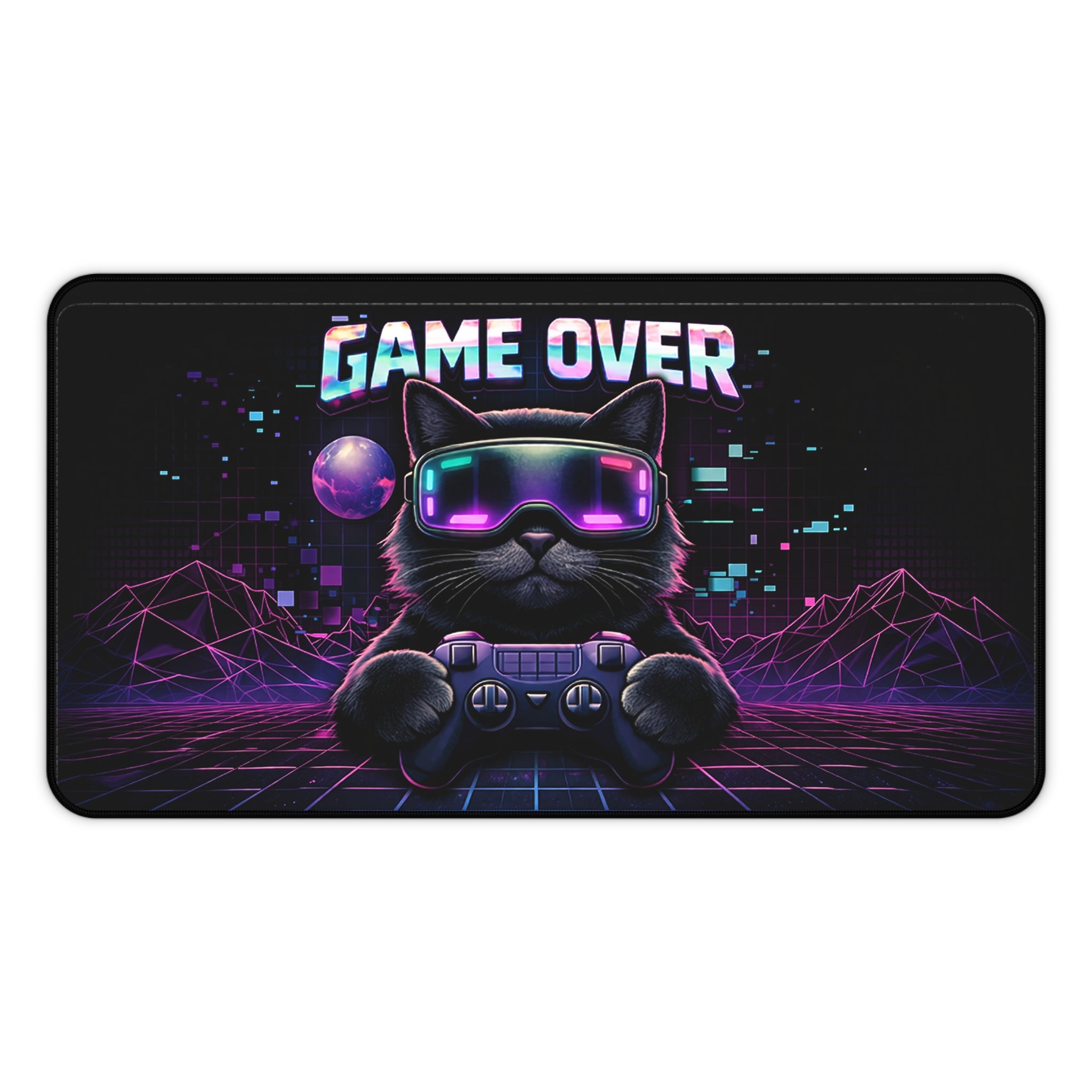 Game Over Retro Cyberpunk Cat Desk Mat | Gaming Mouse Pad