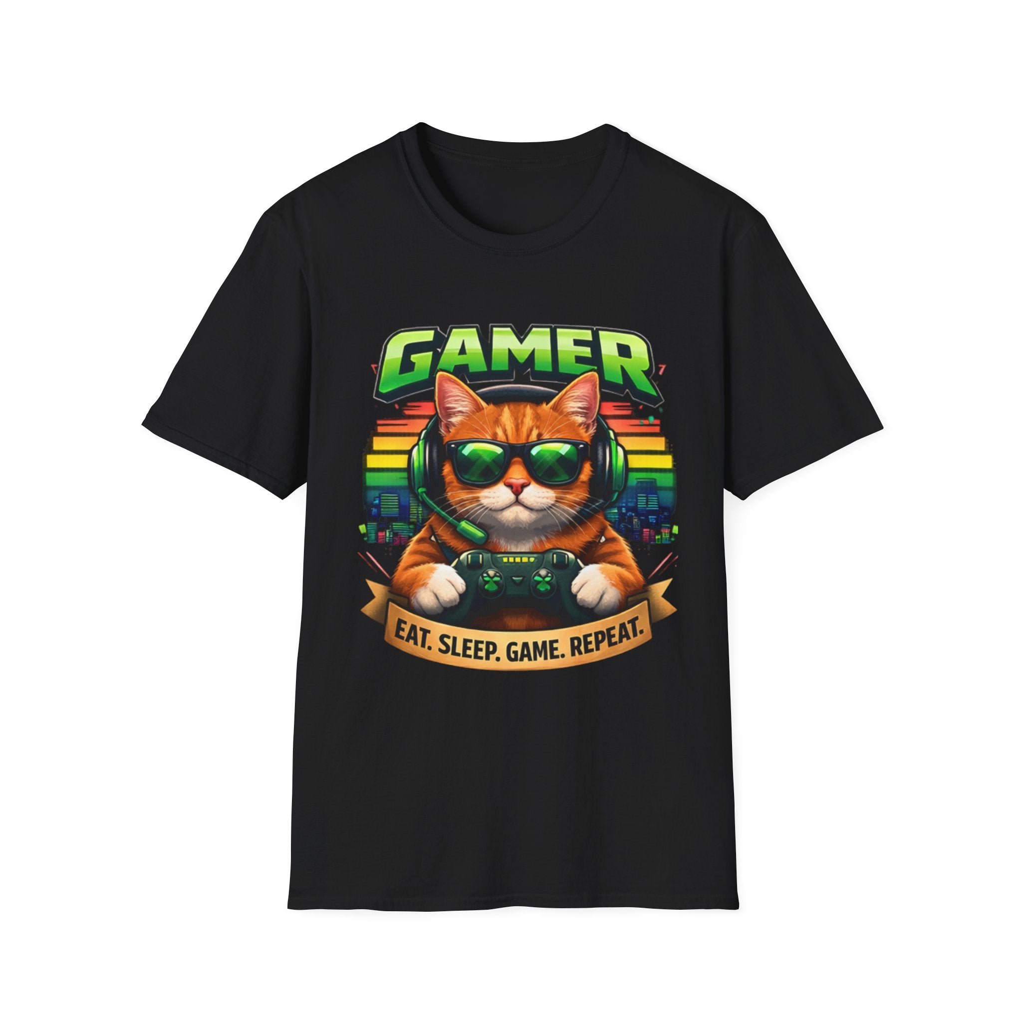Gamer Cat with Controller T-Shirt | Eat Sleep Game Repeat
