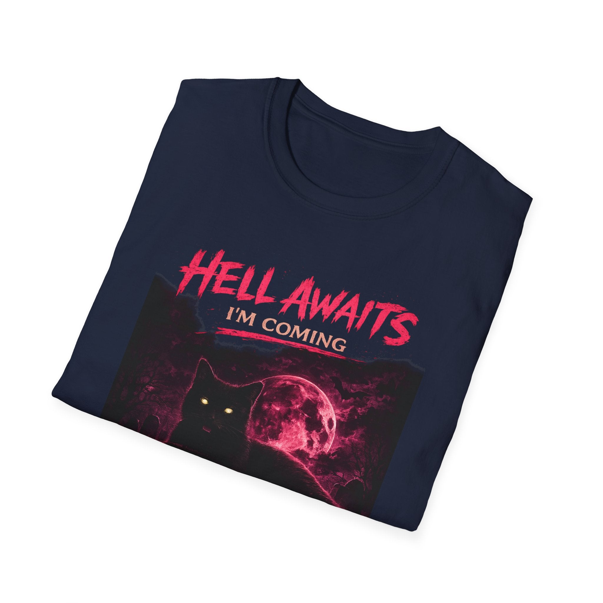 Hell Awaits I'm Coming cat graphic T-Shirt | Gothic moon, neon pink horror