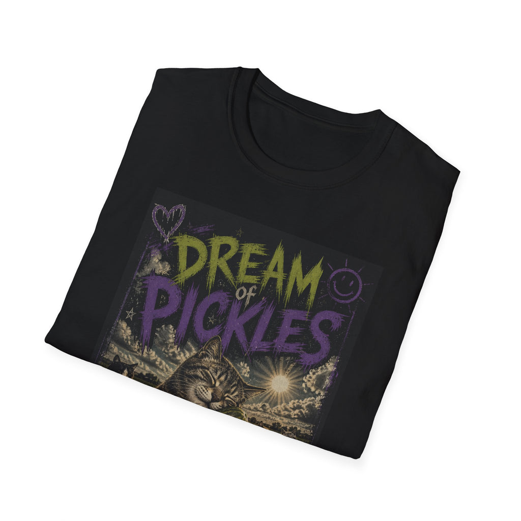 Dream of Pickles cat illustration T-Shirt | whimsical night scene, purple text