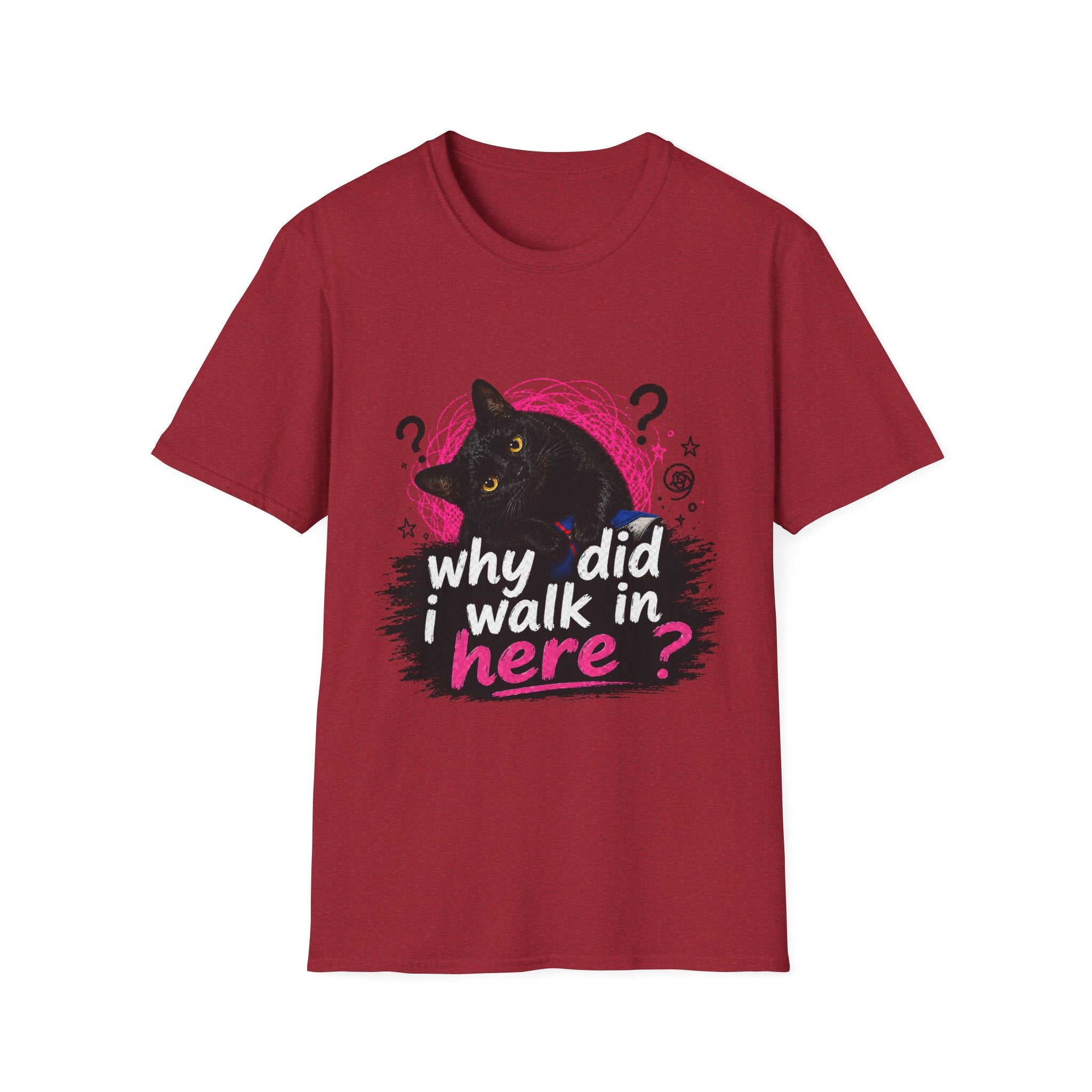 Confused Black Cat why did I walk in here? T-Shirt | Cat Humor Tee