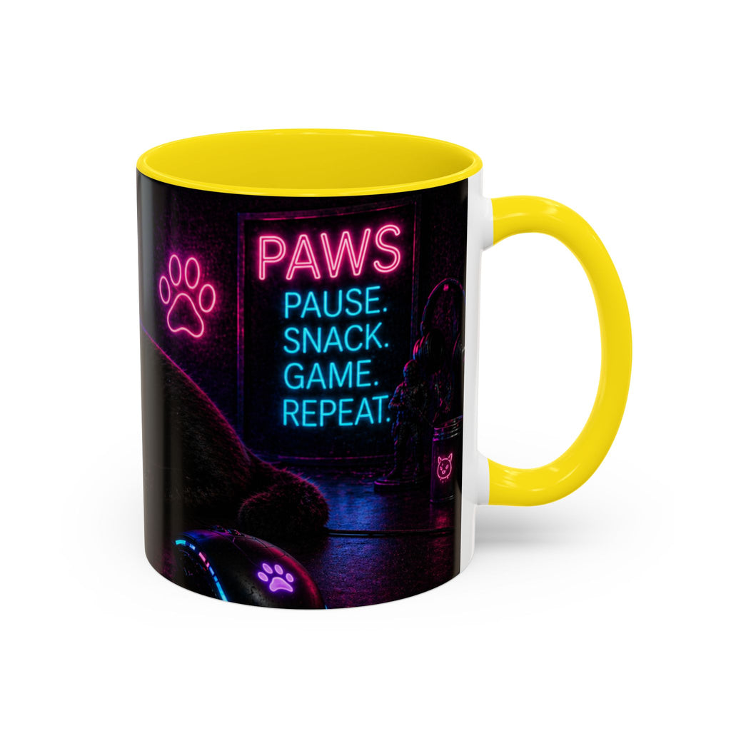 PAWS Pause Snack Game Repeat Cat Coffee Mug | Neon Gaming Cat Mug
