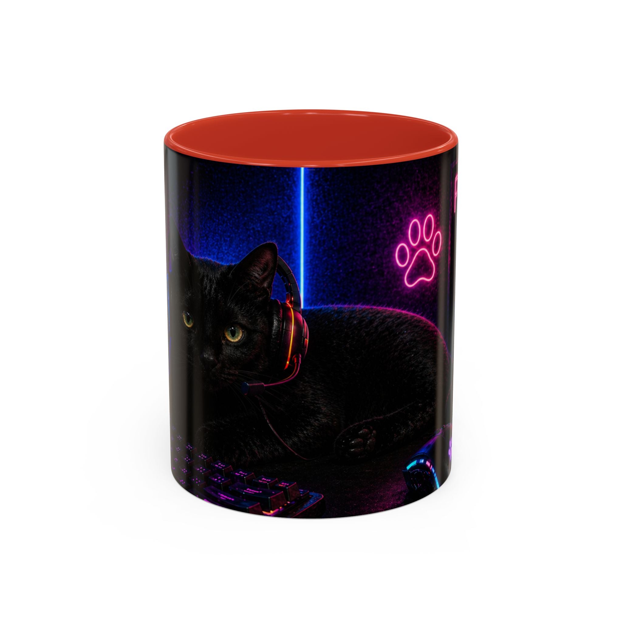 PAWS Pause Snack Game Repeat Cat Coffee Mug | Neon Gaming Cat Mug