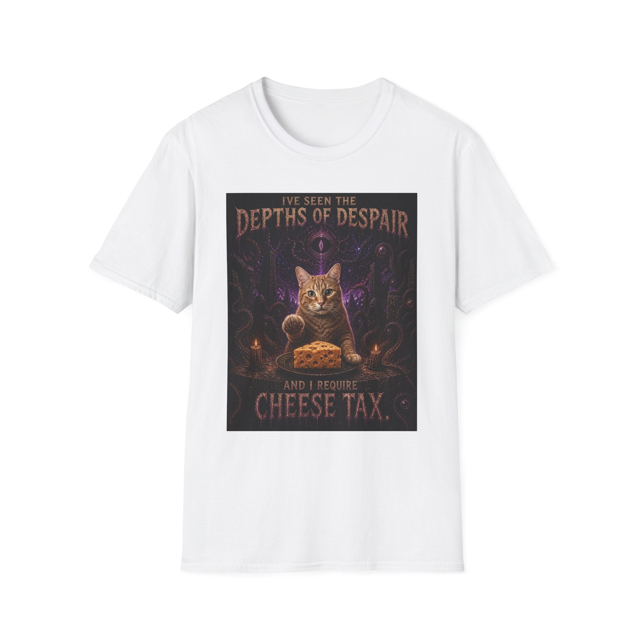 Depths of Despair Cat with Cheese, T-Shirt | Cat Illustration, Funny Quote