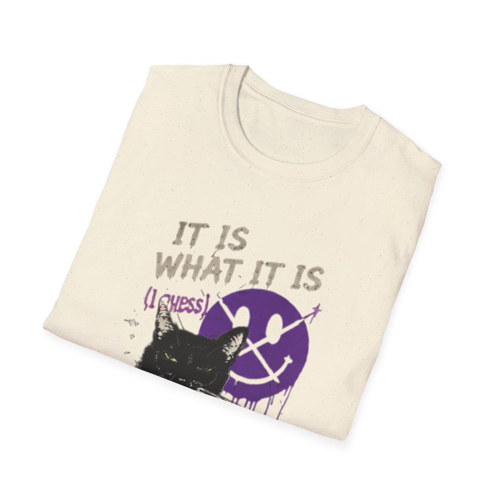 Grinning Black Cat with Purple Drip Smiley T-Shirt | It Is What It Is