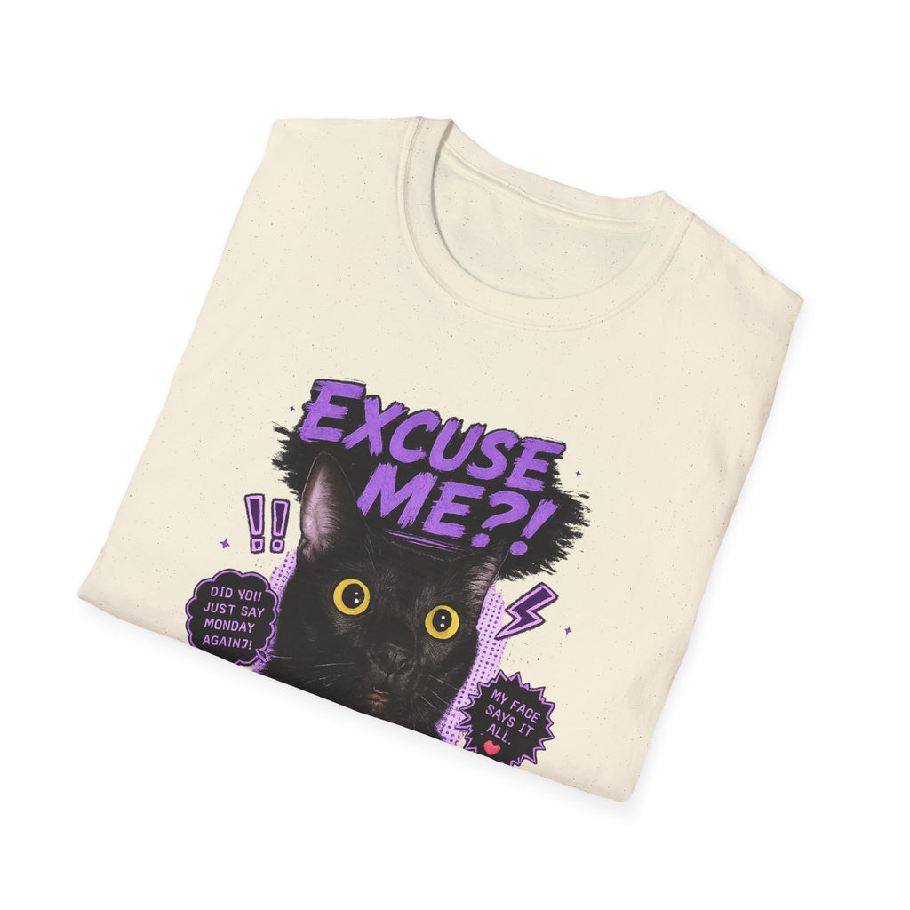 Excuse Me?! Black Cat Graphic T-Shirt | Retro Purple Horror Pop Art