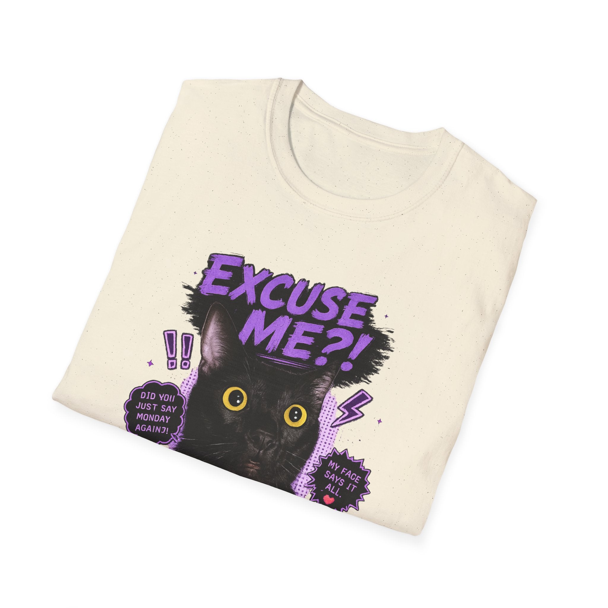 Excuse Me?! Black Cat Graphic T-Shirt | Retro Purple Horror Pop Art