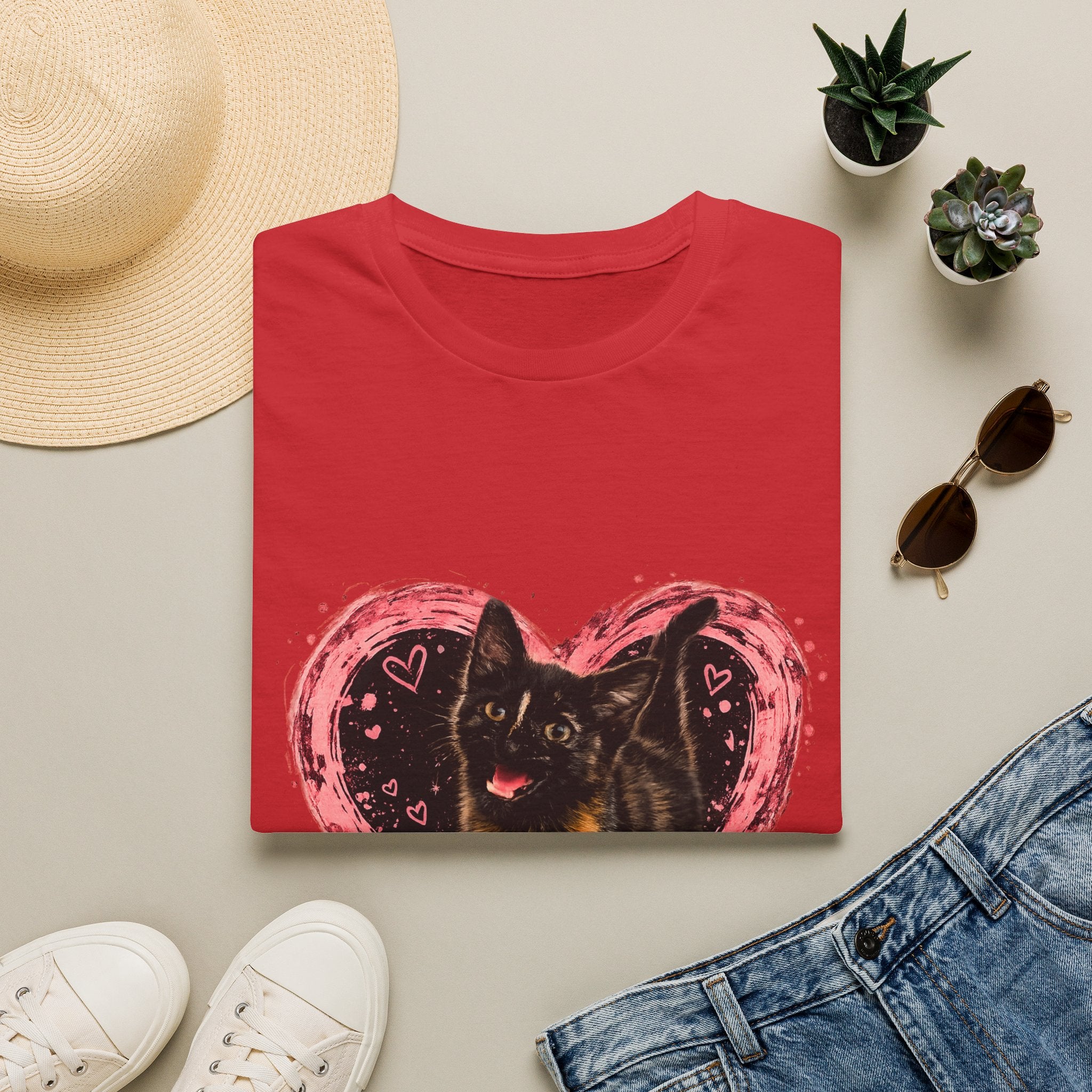 Black Cat in Pink Heart T-Shirt | Cute Cat Portrait Tee