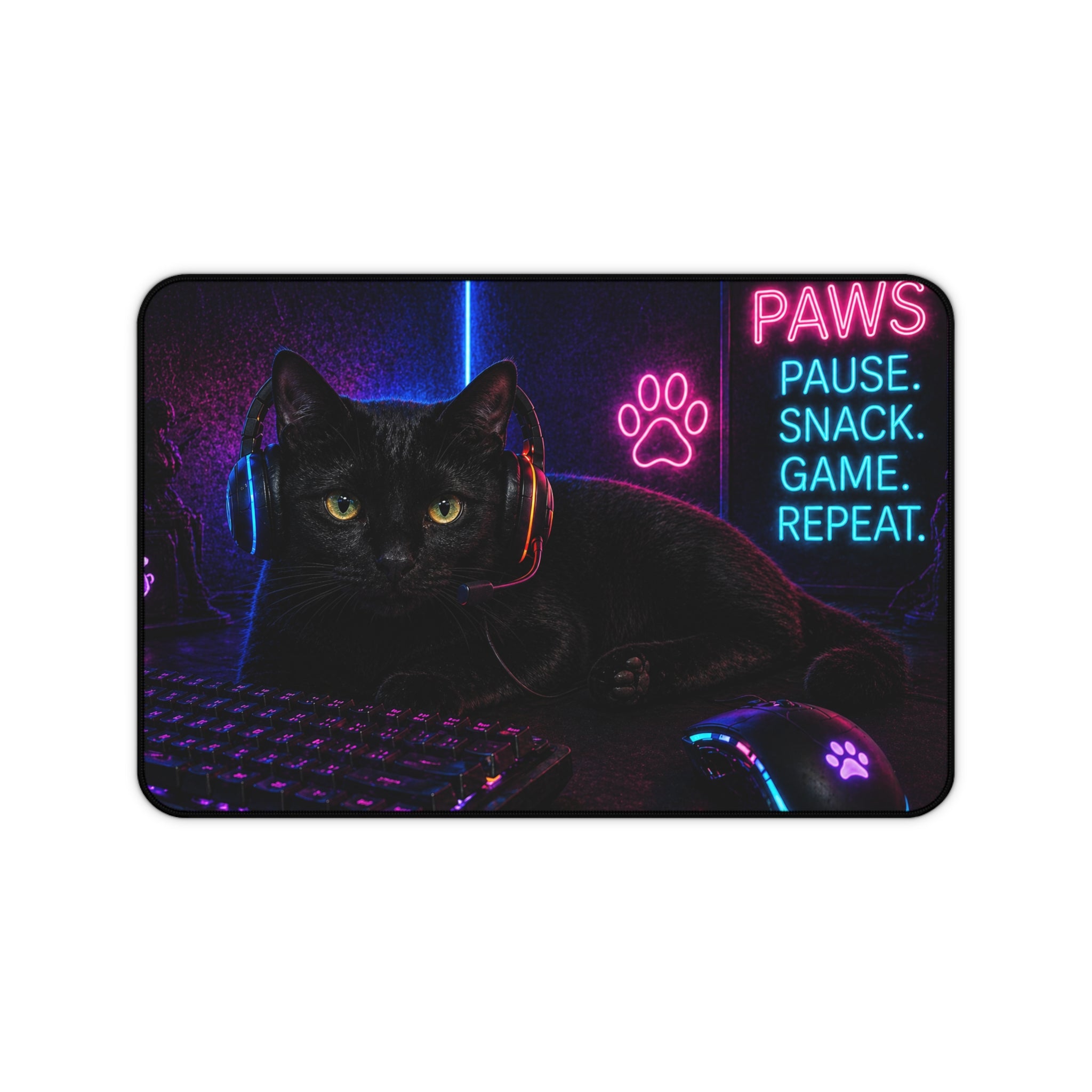 Paws Pause Snack Game Repeat Black Cat Desk Mat | Gaming Mouse Pad