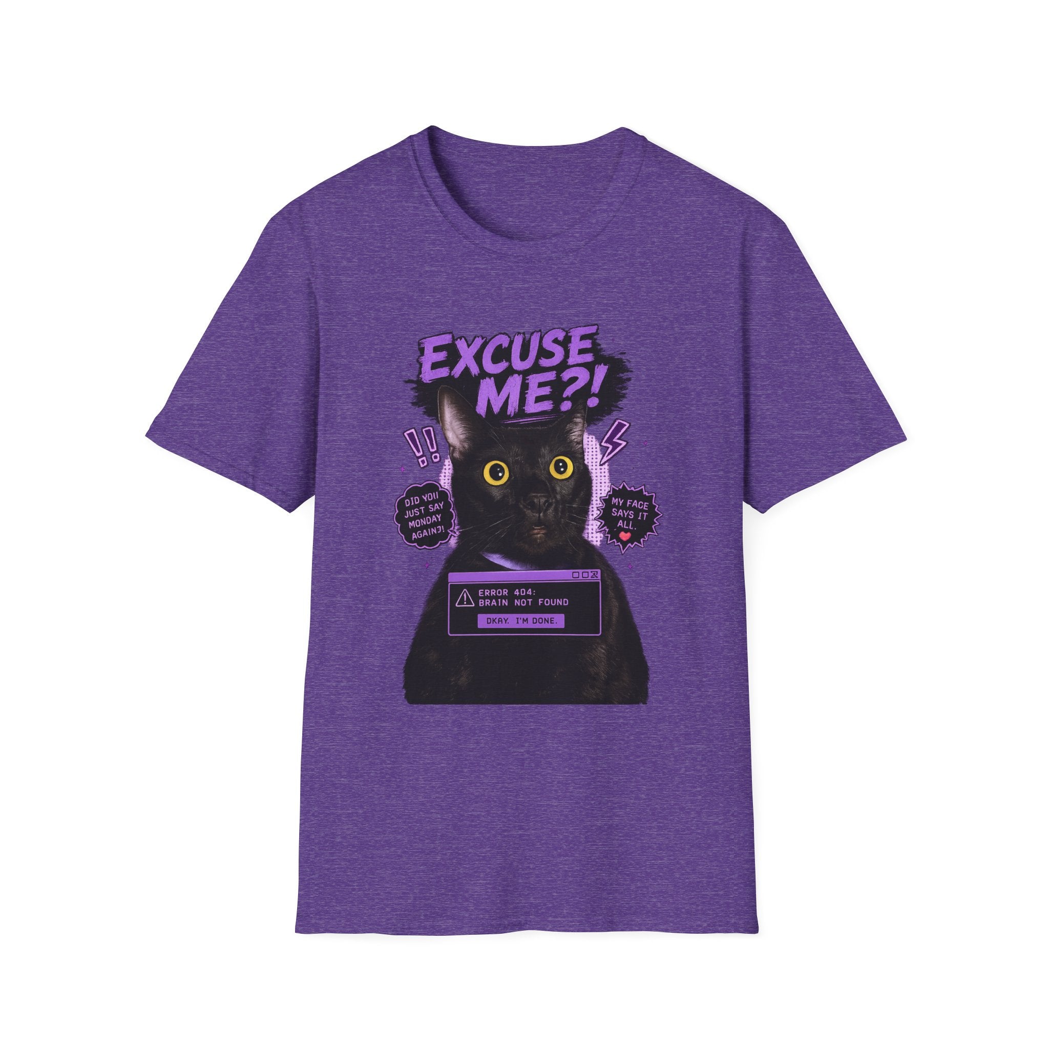 Excuse Me?! Black Cat Graphic T-Shirt | Retro Purple Horror Pop Art