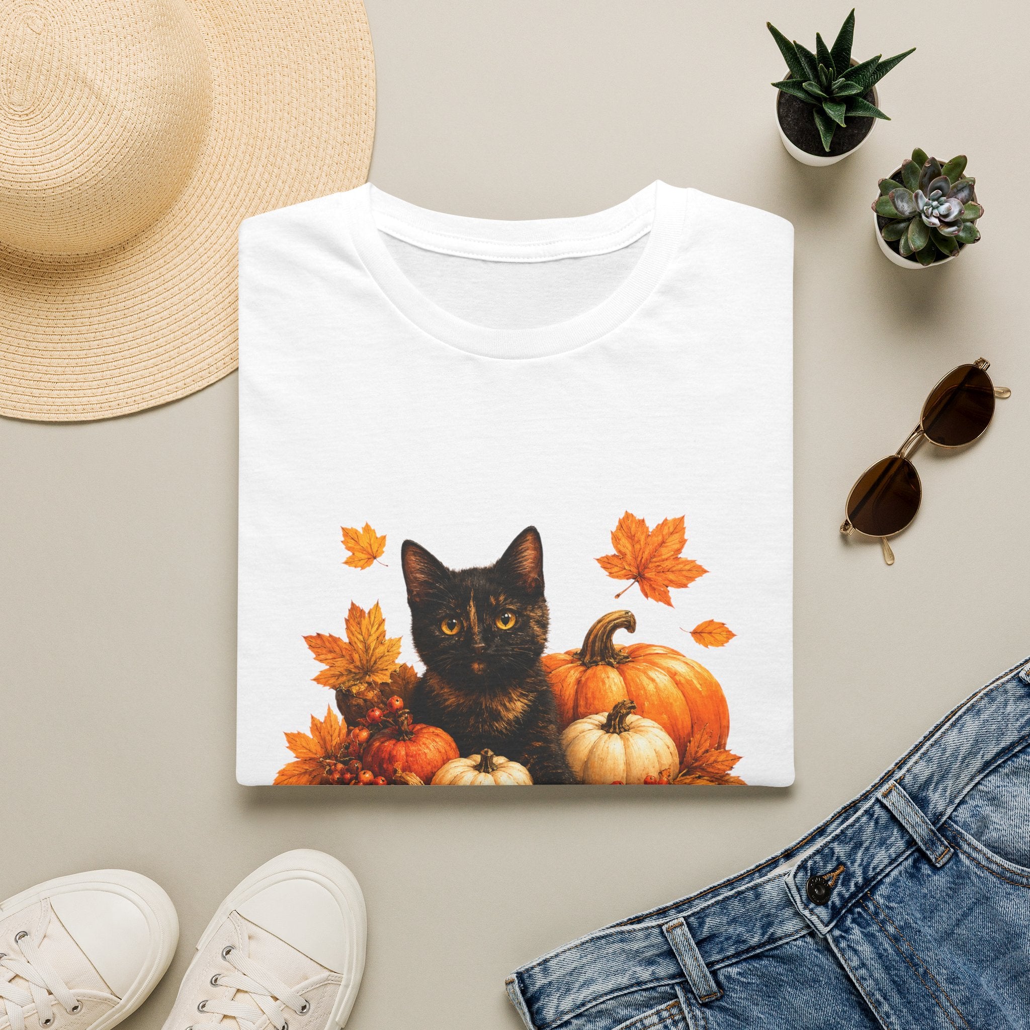 Black Kitten with Pumpkins T-Shirt | Autumn Fall Cat Pumpkin Shirt