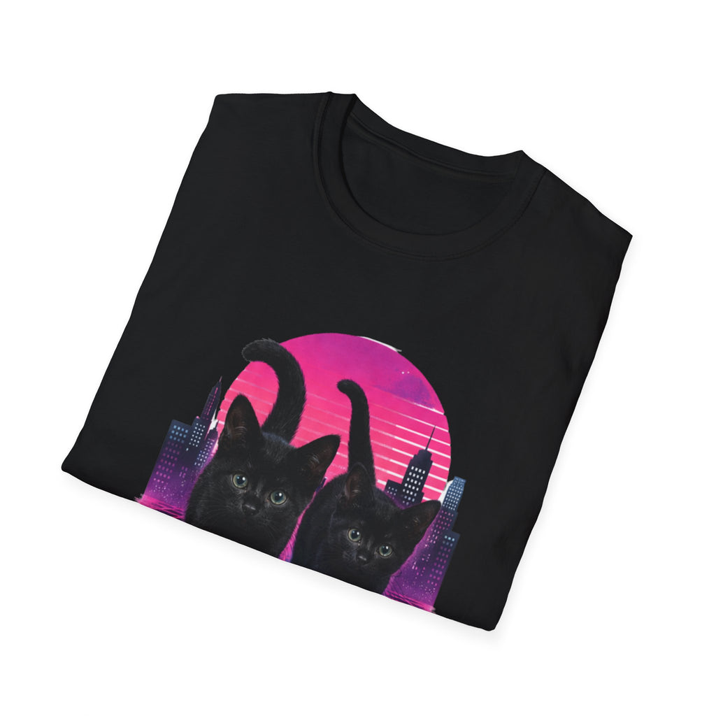 Retro Vaporwave Black Cats T-Shirt | Neon Sunset City