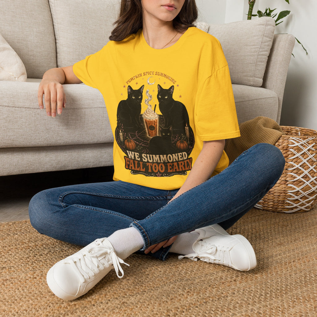 Pumpkin Spice Summoning T-Shirt | Black Cats, Fall Latte Illustration
