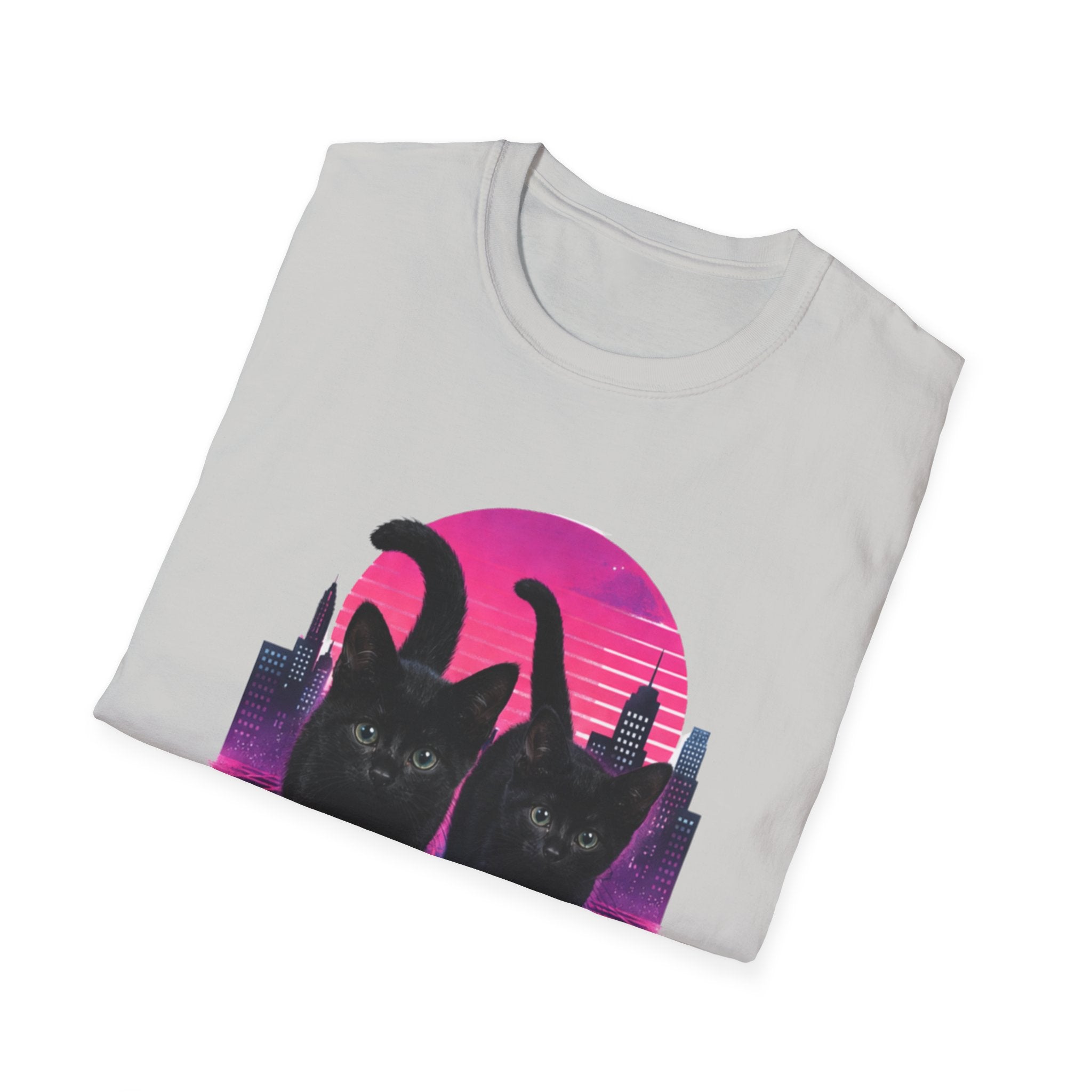 Retro Vaporwave Black Cats T-Shirt | Neon Sunset City