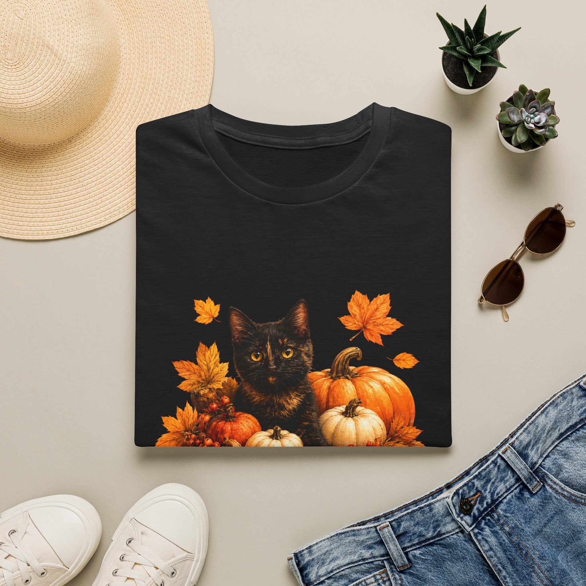 Black Kitten with Pumpkins T-Shirt | Autumn Fall Cat Pumpkin Shirt