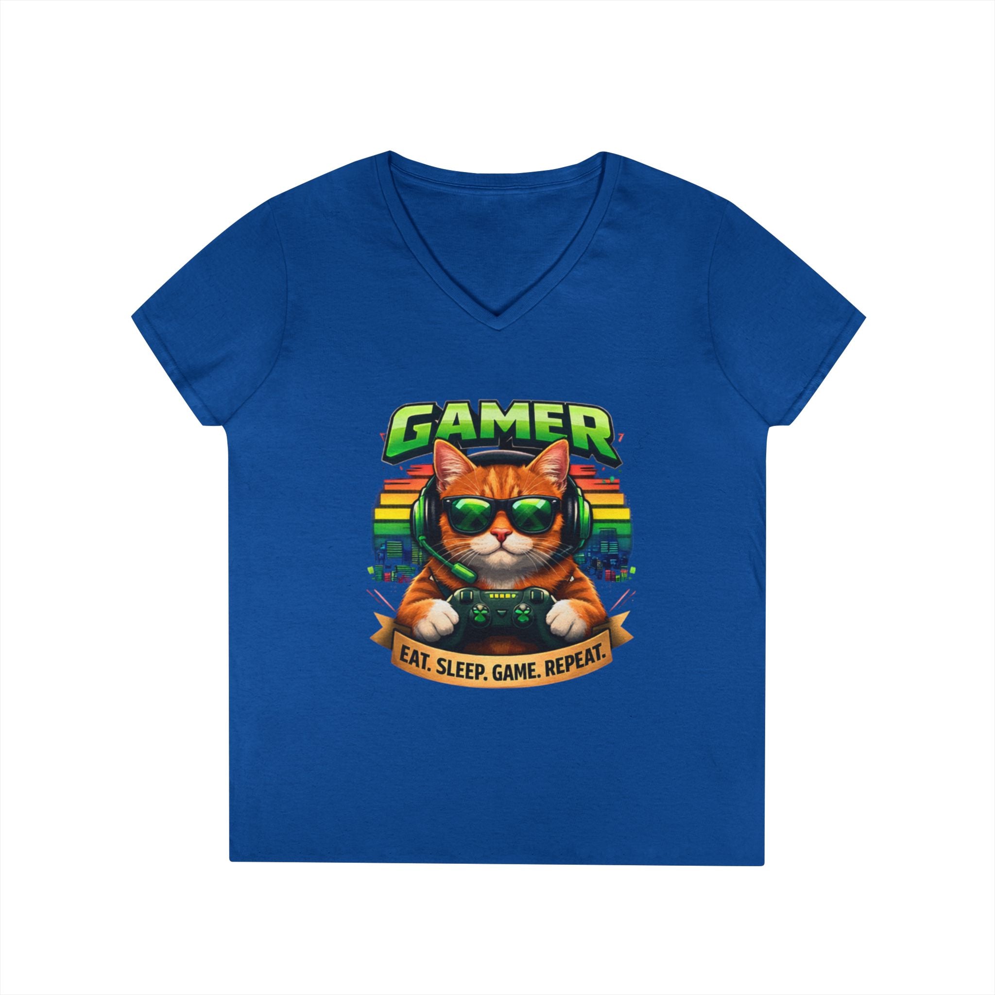 Gamer Cat Graphic Tee Ladies V-Neck T-Shirt | Retro Controller, Eat Sleep Game Repeat