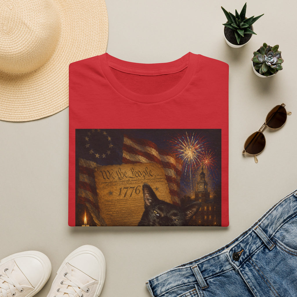 Liberty Cat 1776 T-Shirt | American Flag, Fireworks, Declaration of Independence Black Cat Fangs