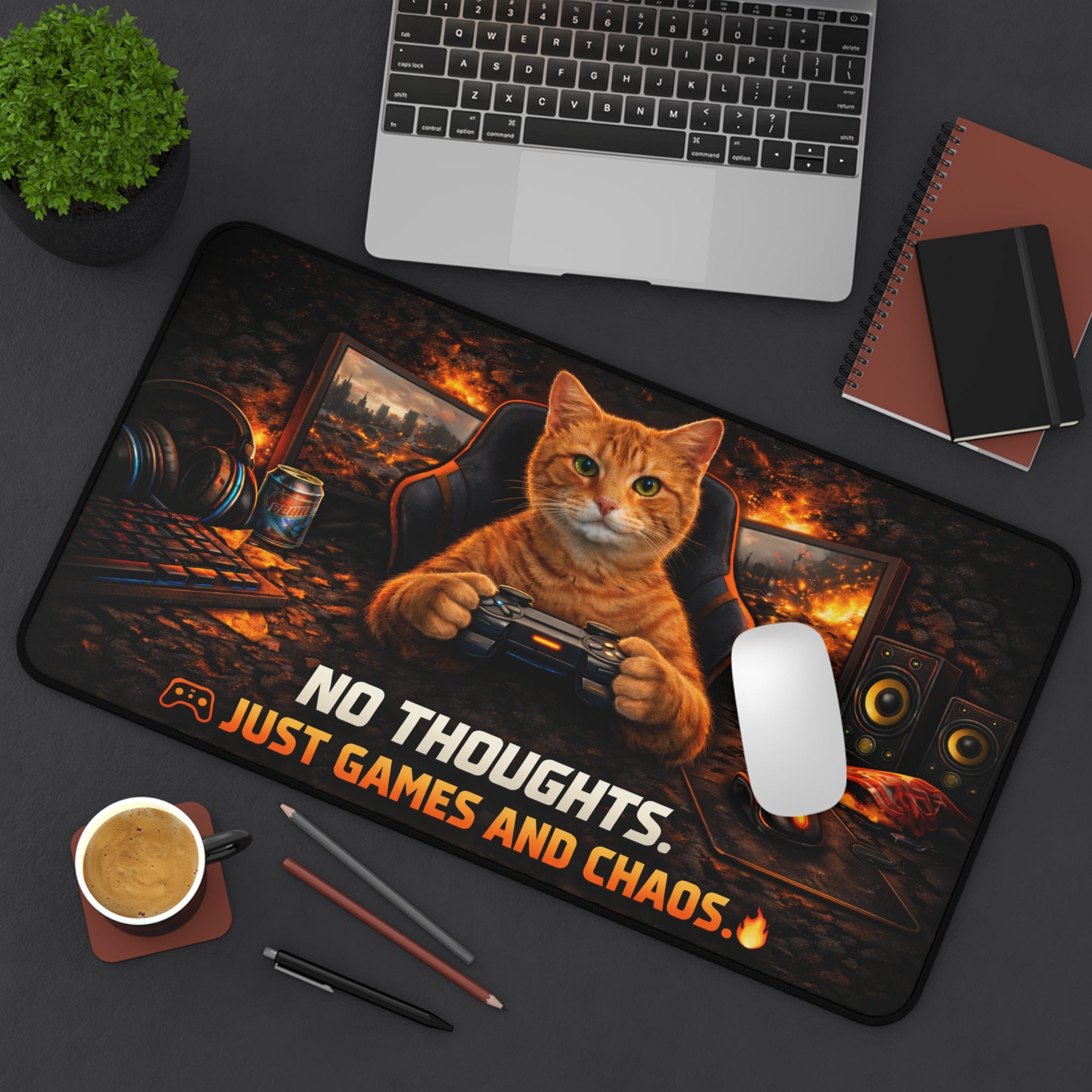 Gamer Cat Playing Controller Desk Mat | No Thoughts Just Games and Chaos