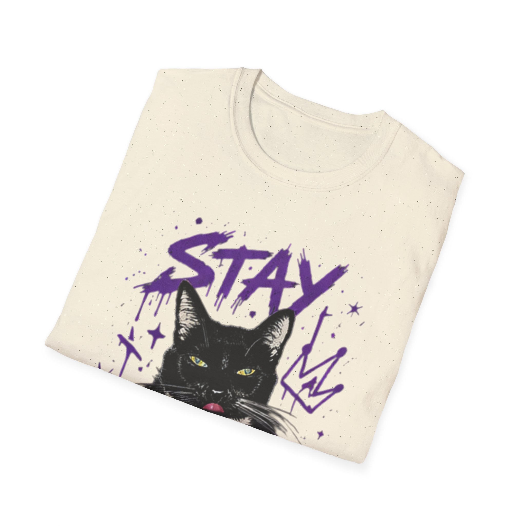 Stay Feral Cat Illustration T-Shirt | Black Cat, Purple Graffiti Text