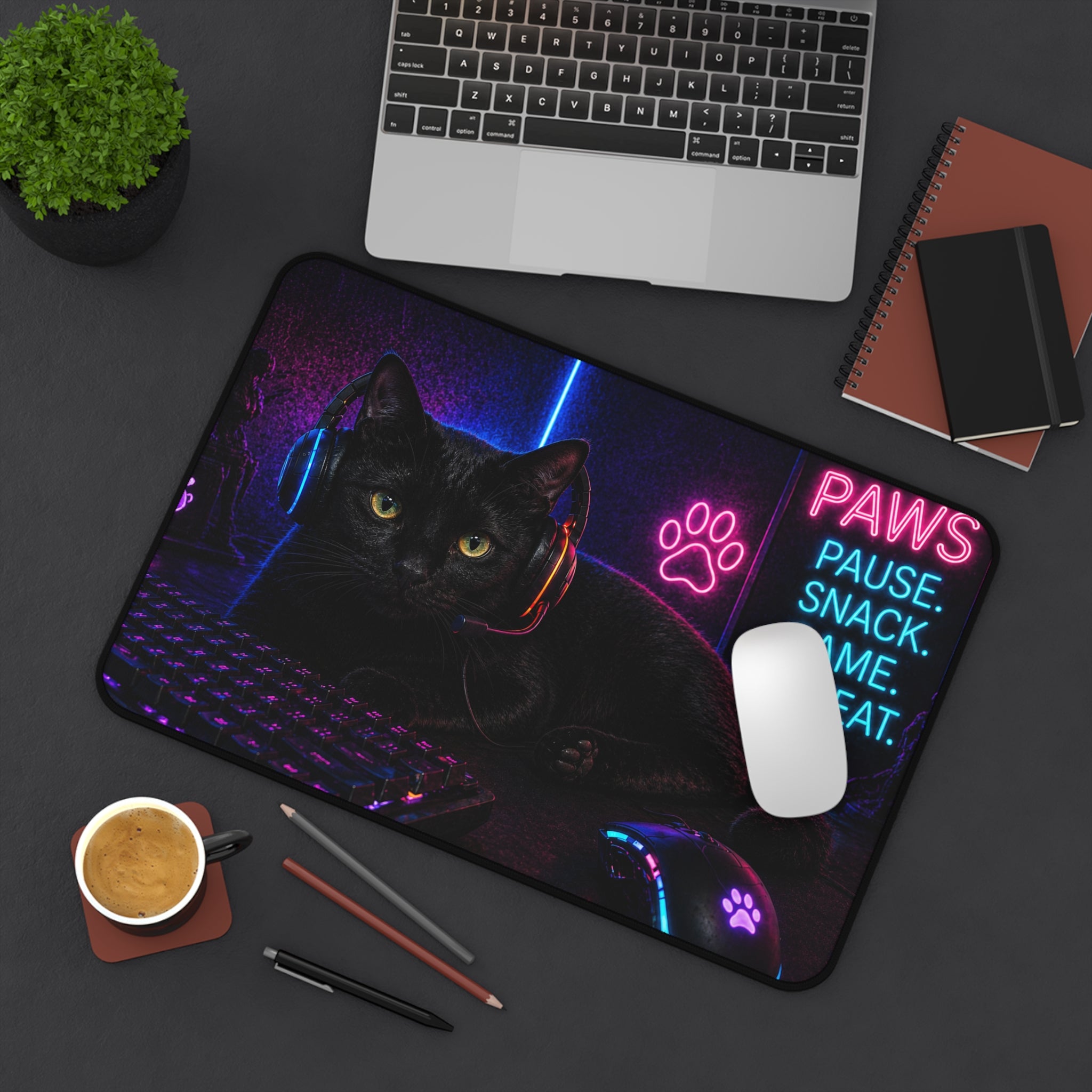 Paws Pause Snack Game Repeat Black Cat Desk Mat | Gaming Mouse Pad