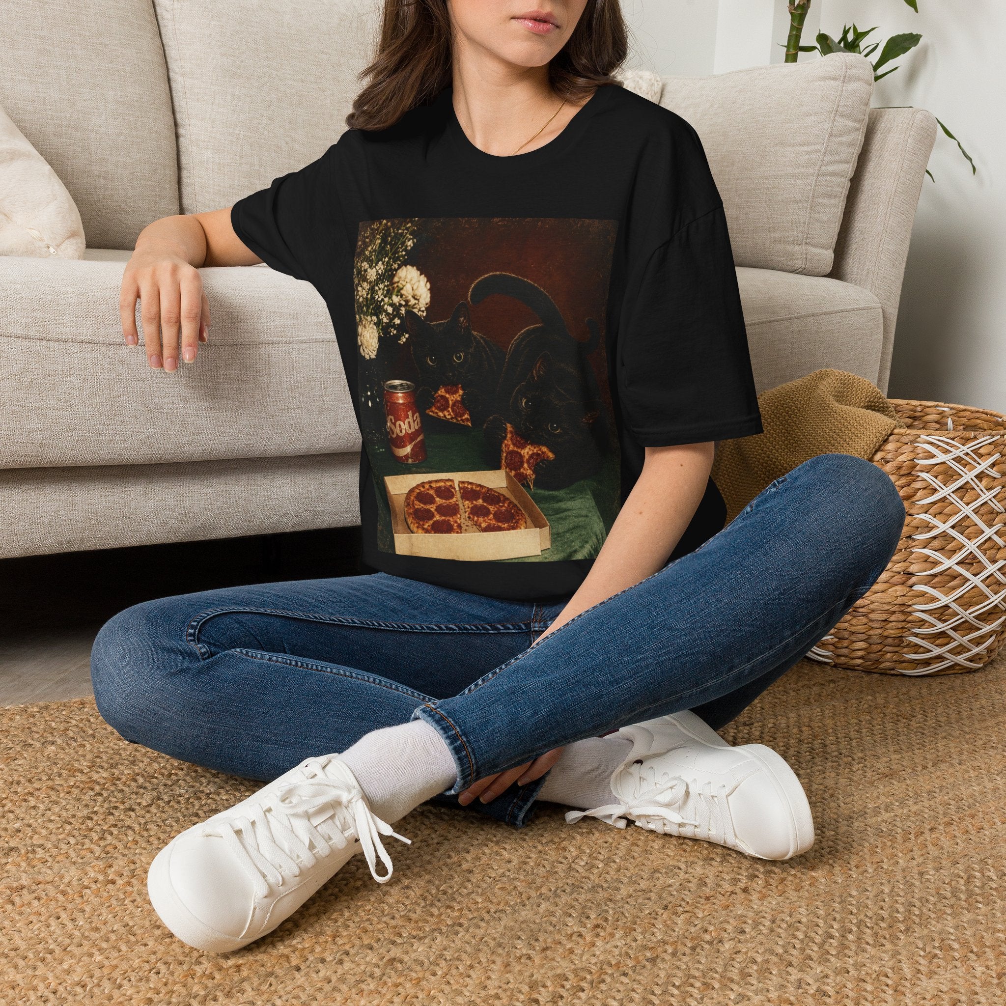 Black Cat Still Life T-Shirt | Vintage Floral, Candlelit Table