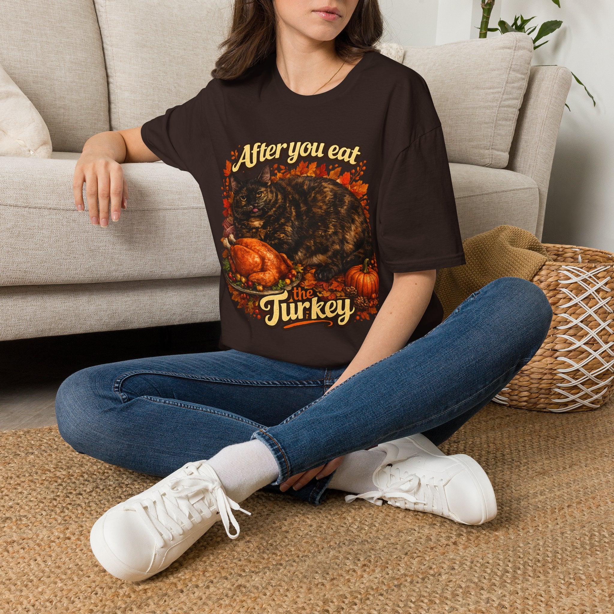 After You Eat Turkey T-Shirt | Cat Thanksgiving Design, Fall Leaves