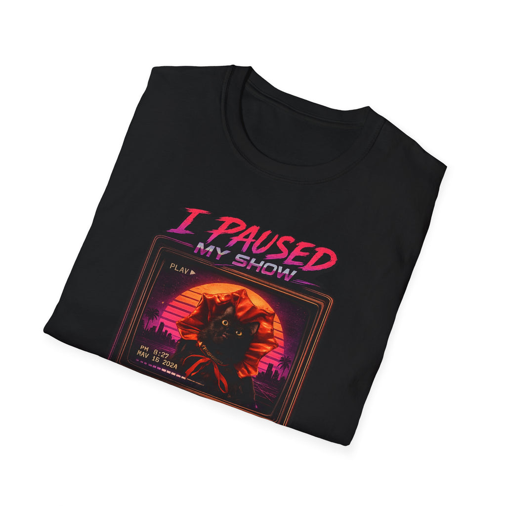 I Paused My Show Cat Watching Graphic T-Shirt | Retro Synthwave TV Design