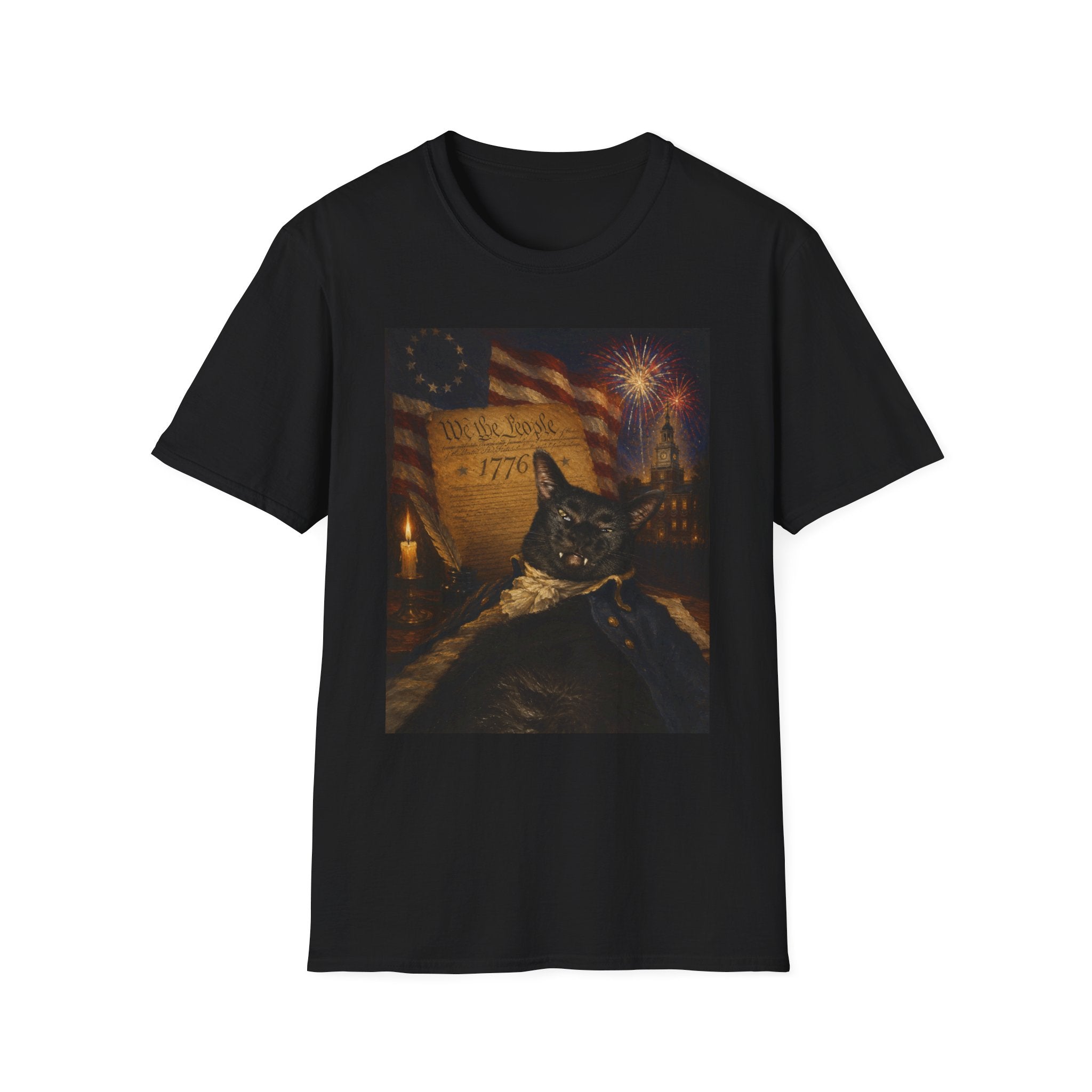 Liberty Cat 1776 T-Shirt | American Flag, Fireworks, Declaration of Independence Black Cat Fangs