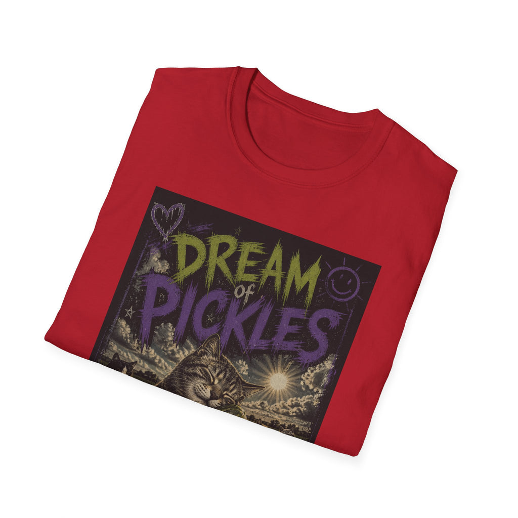Dream of Pickles cat illustration T-Shirt | whimsical night scene, purple text