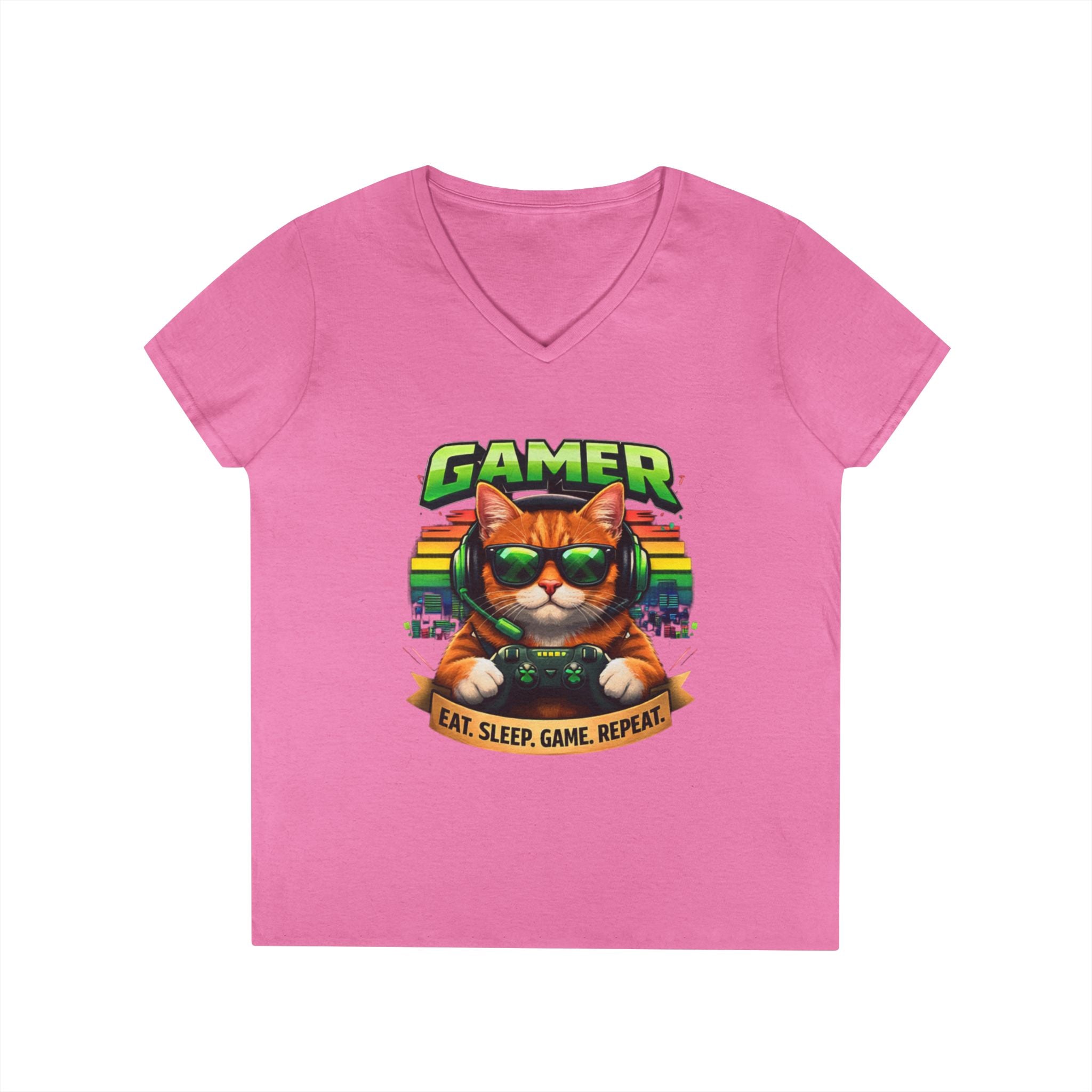 Gamer Cat Graphic Tee Ladies V-Neck T-Shirt | Retro Controller, Eat Sleep Game Repeat