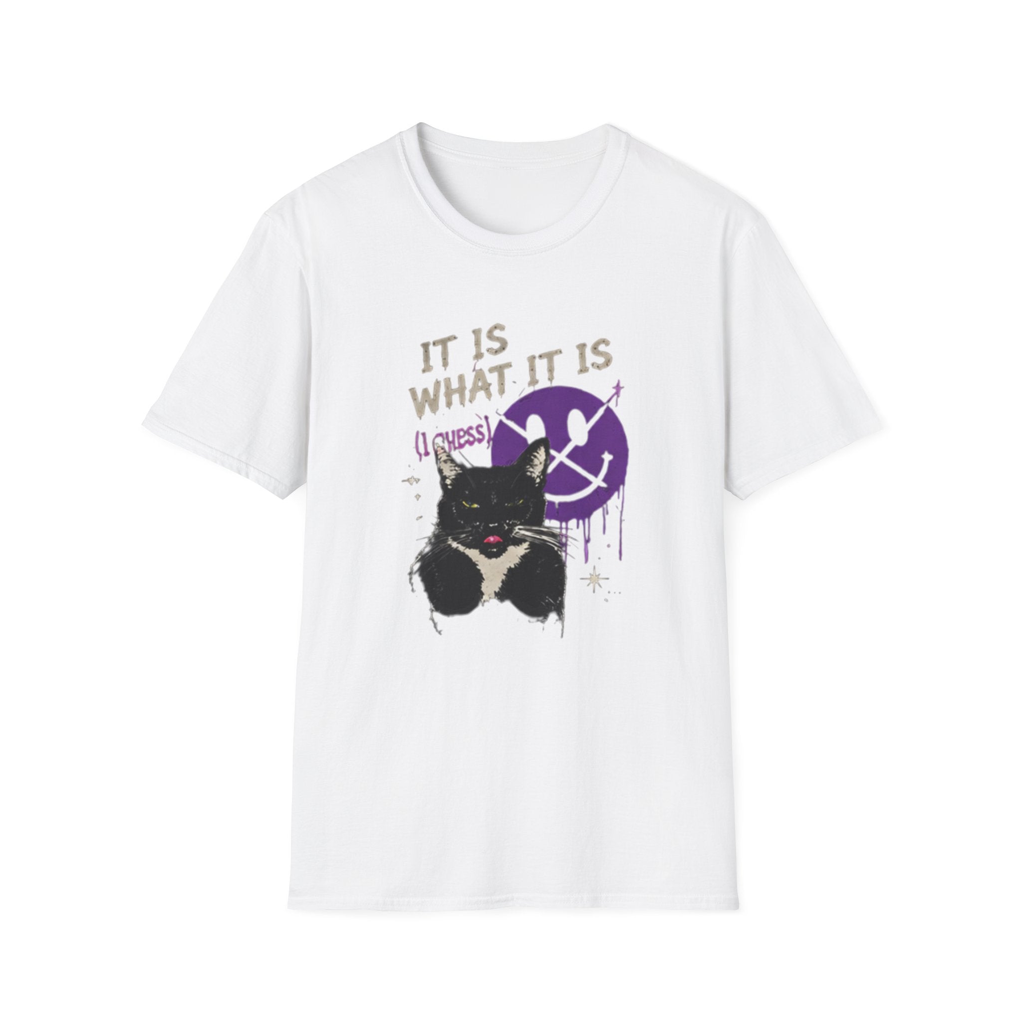 Grinning Black Cat with Purple Drip Smiley T-Shirt | It Is What It Is