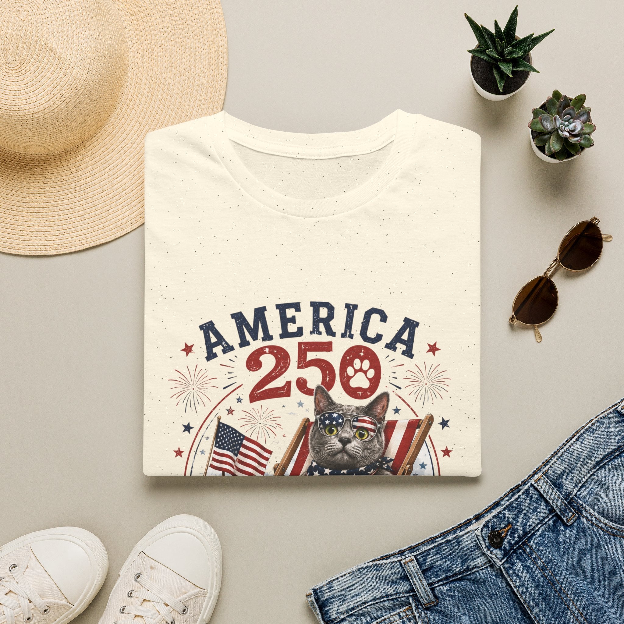 America 250 Cat Patriotic T-Shirt | Flag, Fireworks, Cute Cat