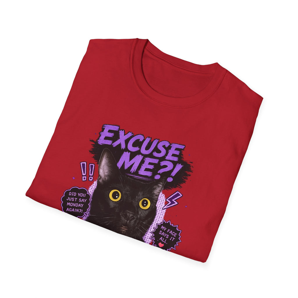 Excuse Me?! Black Cat Graphic T-Shirt | Retro Purple Horror Pop Art