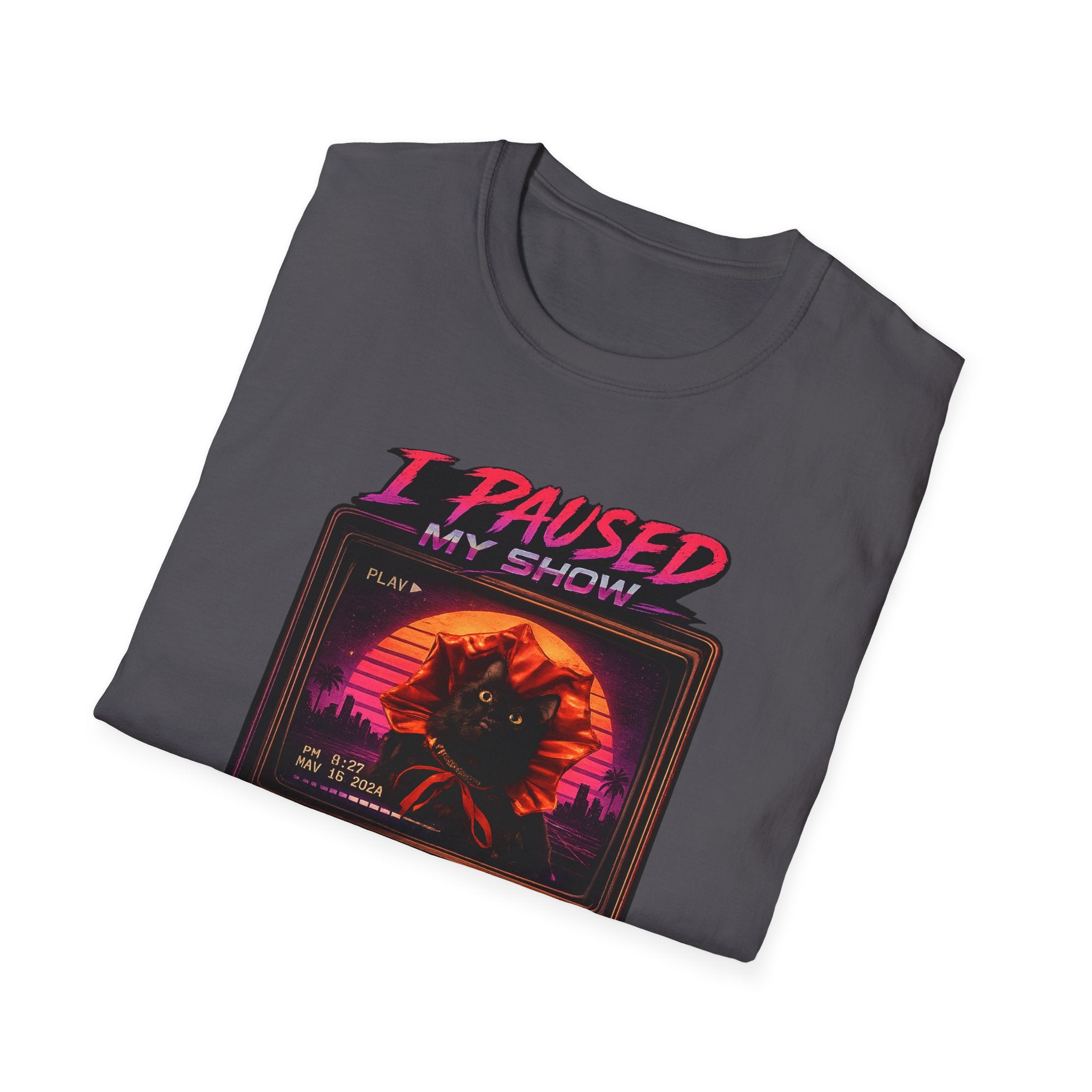 I Paused My Show Cat Watching Graphic T-Shirt | Retro Synthwave TV Design