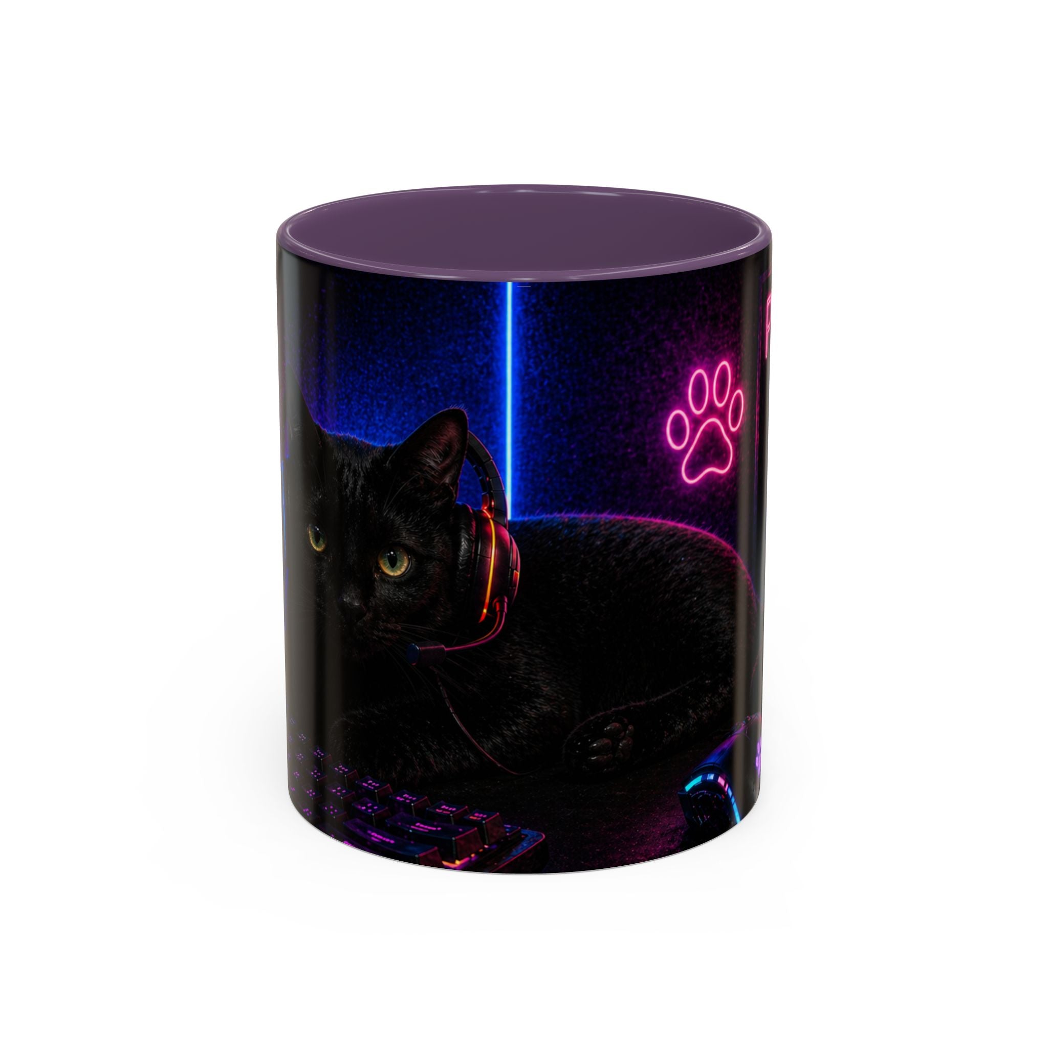 PAWS Pause Snack Game Repeat Cat Coffee Mug | Neon Gaming Cat Mug